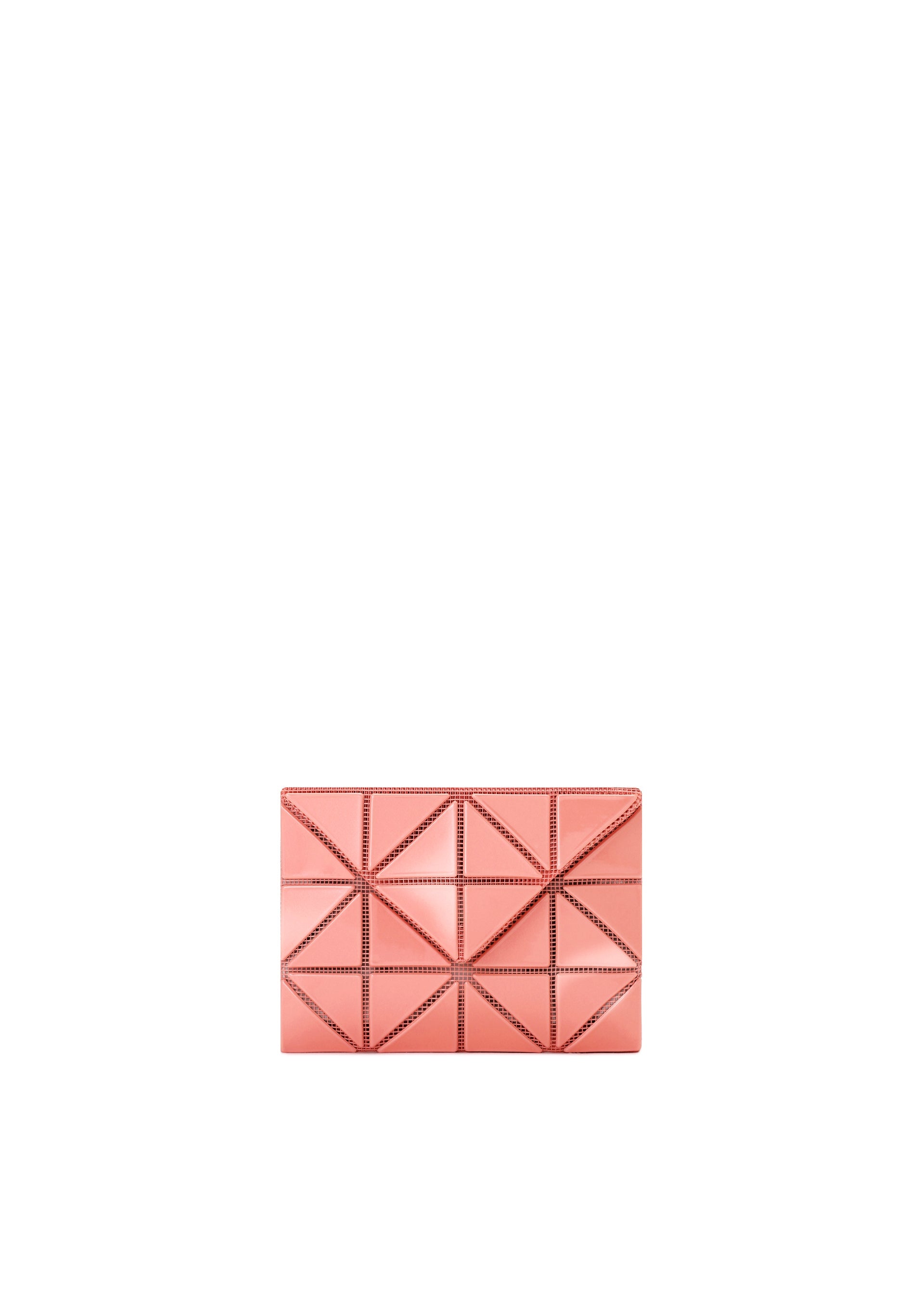 Zoomed view A small, rectangular pink CARD WALLET by BAO BAO ISSEY MIYAKE with a geometric quilted pattern and studded edges, ideal for a cash-less lifestyle or as a chic card case, shown centered on a plain white background. - SUNSET CORAL （no.31）
