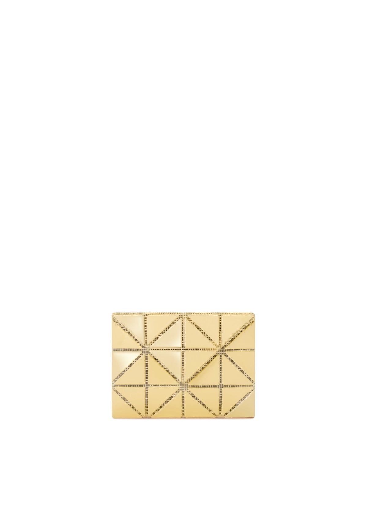 The CARD WALLET by BAO BAO ISSEY MIYAKE is a small, gold rectangular clutch with a geometric pyramid pattern and metallic studs, ideal for use as a chic card case or mini wallet, shown against a plain white background. view 5 of 8