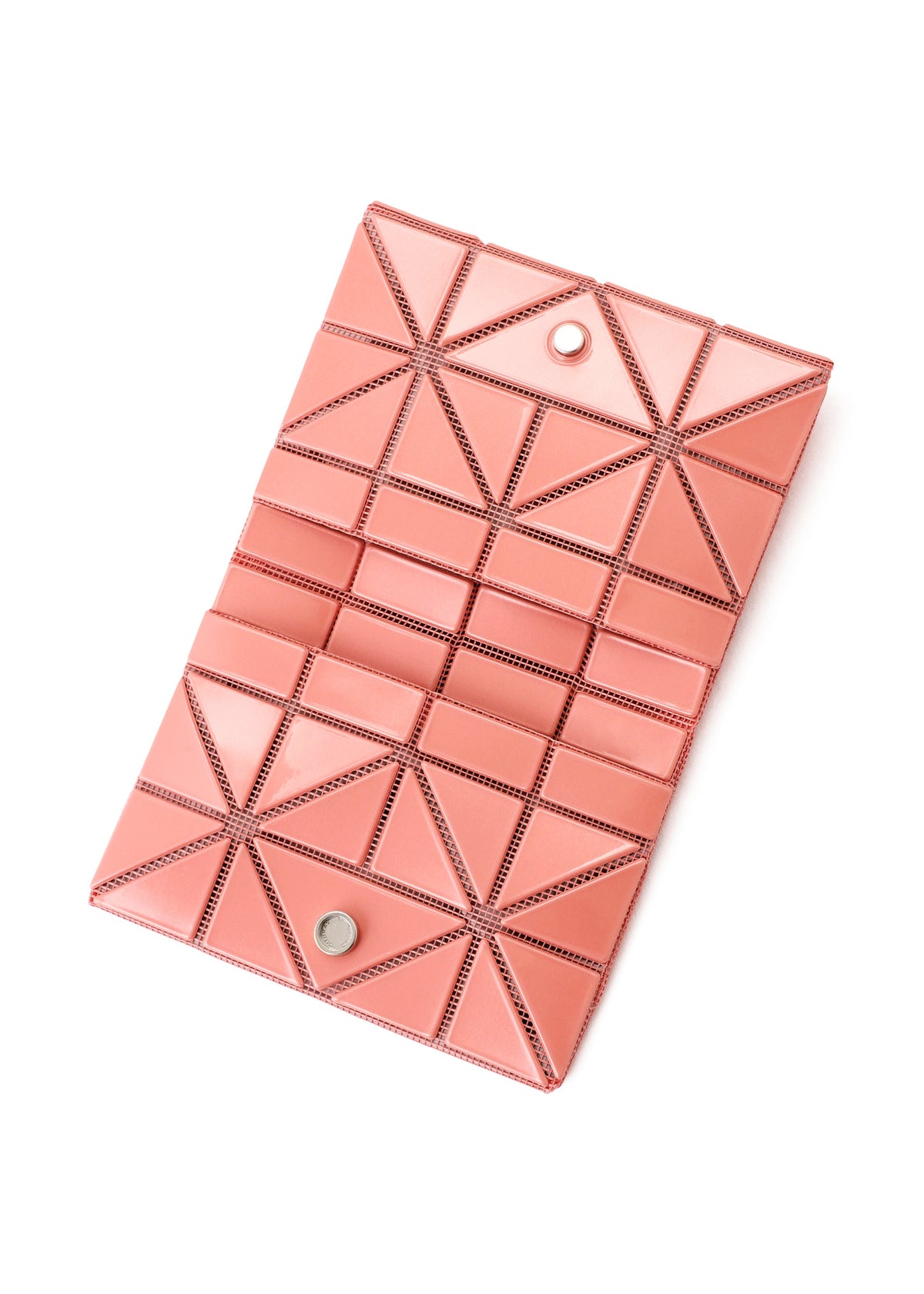 The CARD WALLET by BAO BAO ISSEY MIYAKE is a pink mini wallet with geometric triangular segments, shown open to reveal multiple card slots and snap button closures—ideal for a cash-less lifestyle. view 6 of 8