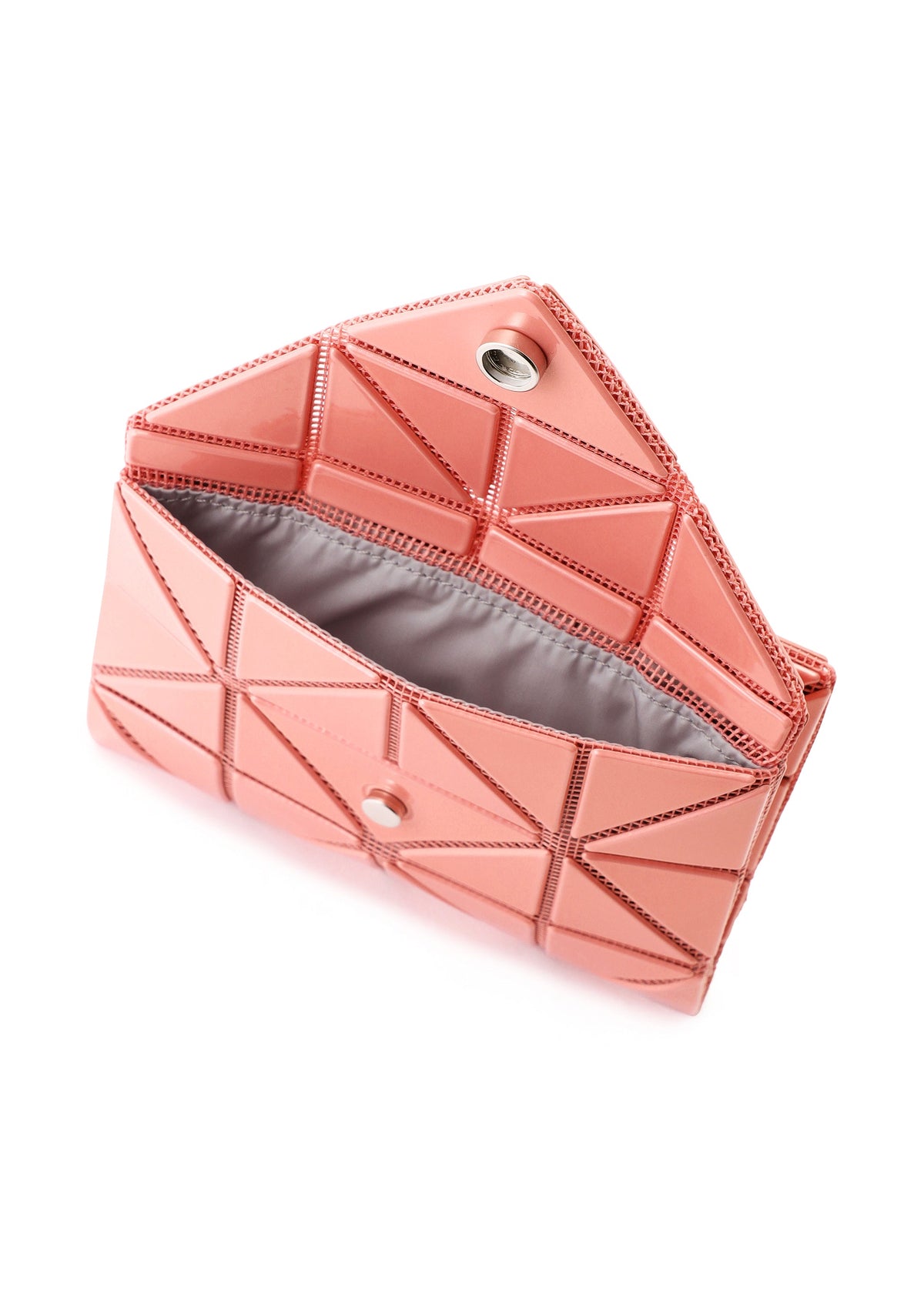The BAO BAO ISSEY MIYAKE CARD WALLET is a pink geometric-patterned clutch with an open flap, snap closure, and light gray lining—ideal as a mini wallet for a cash-less lifestyle. view 7 of 8