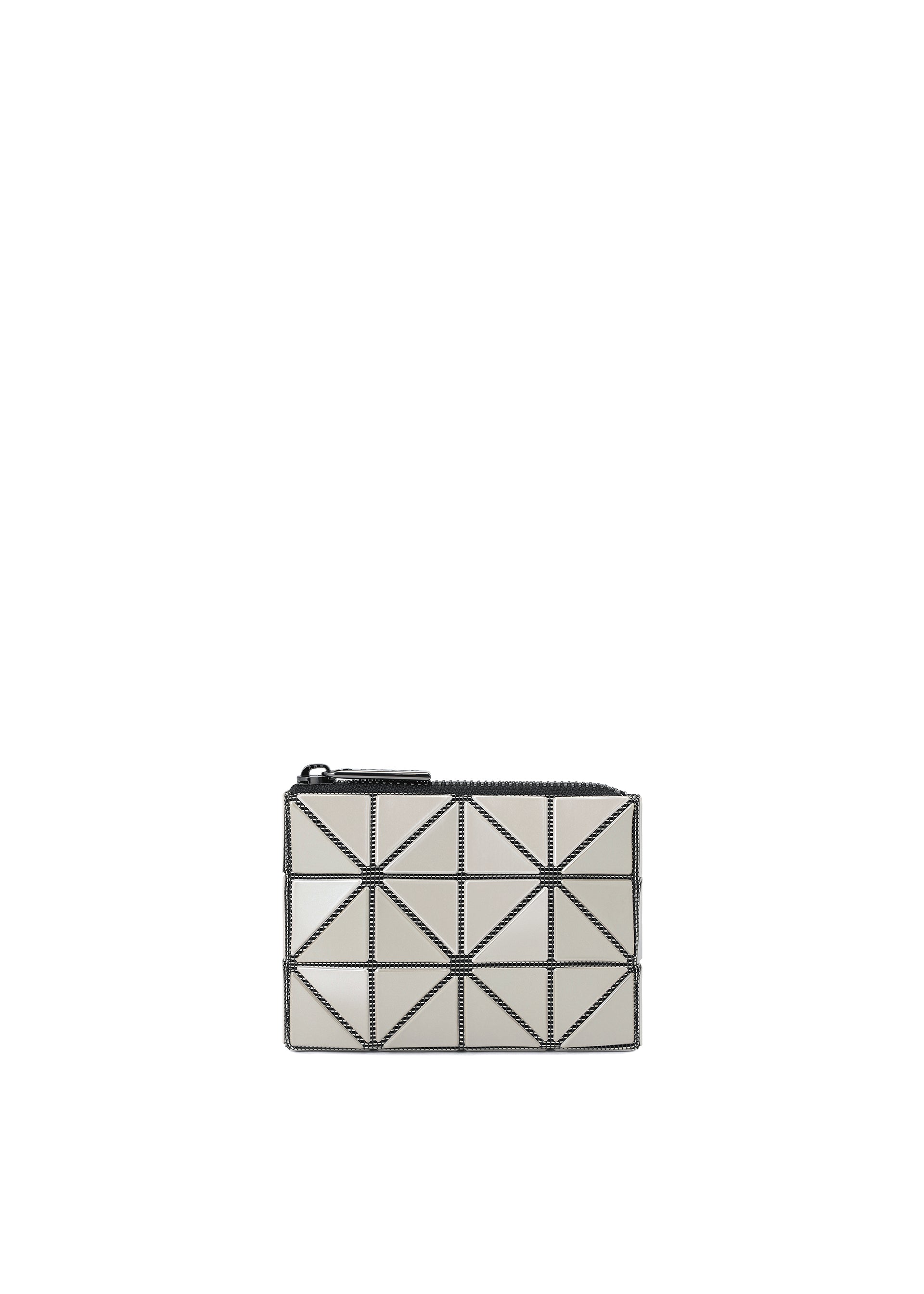 Zoomed view Introducing the CASSETTE by BAO BAO ISSEY MIYAKE: a compact rectangular clutch featuring a striking geometric pattern of silver triangles outlined in black, set against a white background. Finished with a top zipper closure, this stylish accessory is perfect as a zipper case or coin pouch. - PEARL GRAY （no.05）