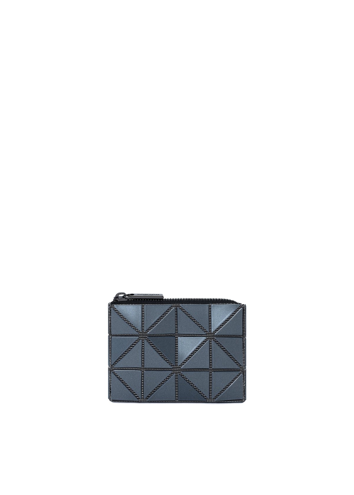 The CASSETTE coin pouch by BAO BAO ISSEY MIYAKE, featuring a compact black design with a geometric triangular pattern and a zippered closure, is displayed against a plain white background. view 2 of 8