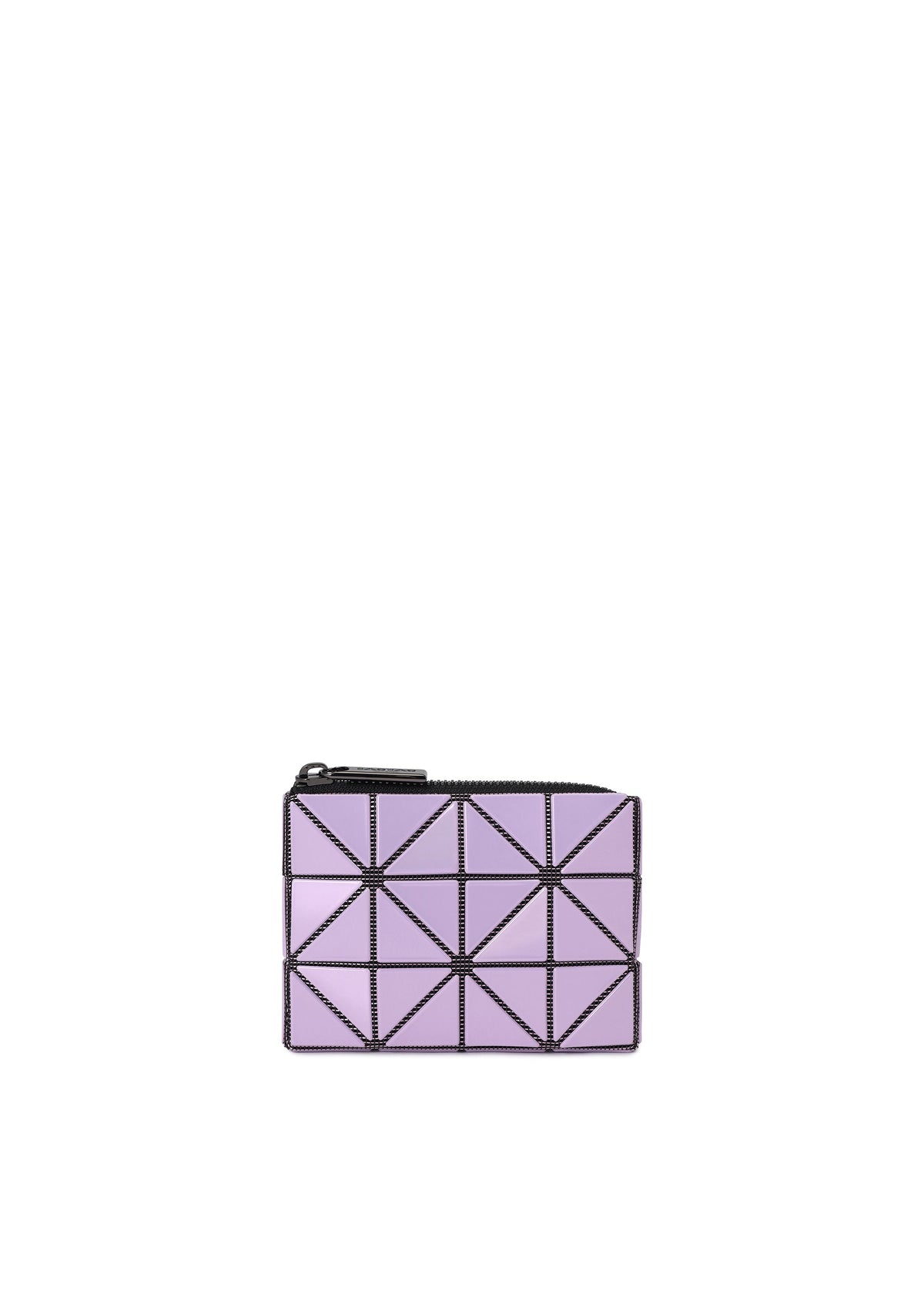 The CASSETTE by BAO BAO ISSEY MIYAKE is a small lavender zipper case featuring a geometric triangular pattern with bold black outlines on each triangle, perfect to use as a stylish coin pouch or card holder. view 3 of 8