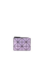The CASSETTE by BAO BAO ISSEY MIYAKE is a small lavender zipper case featuring a geometric triangular pattern with bold black outlines on each triangle, perfect to use as a stylish coin pouch or card holder. - PINK AMETHYST （no.20）