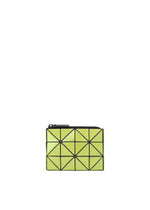 A compact, lime green CASSETTE zippered coin pouch by BAO BAO ISSEY MIYAKE, featuring a geometric triangle pattern with black outlines, centered on a white background. - SPHENE YELLOW （no.55）