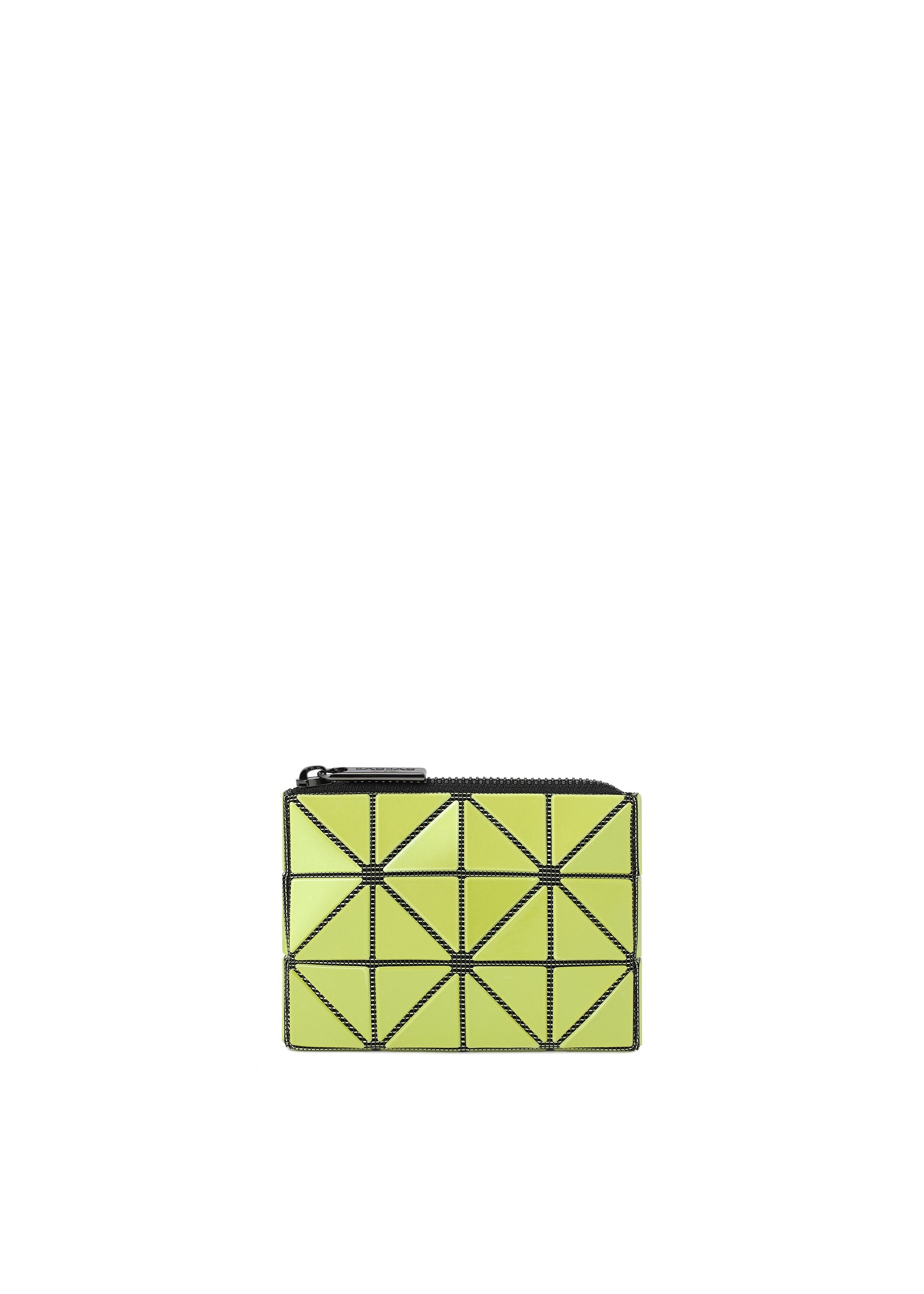 Zoomed view A compact, lime green CASSETTE zippered coin pouch by BAO BAO ISSEY MIYAKE, featuring a geometric triangle pattern with black outlines, centered on a white background. - SPHENE YELLOW （no.55）