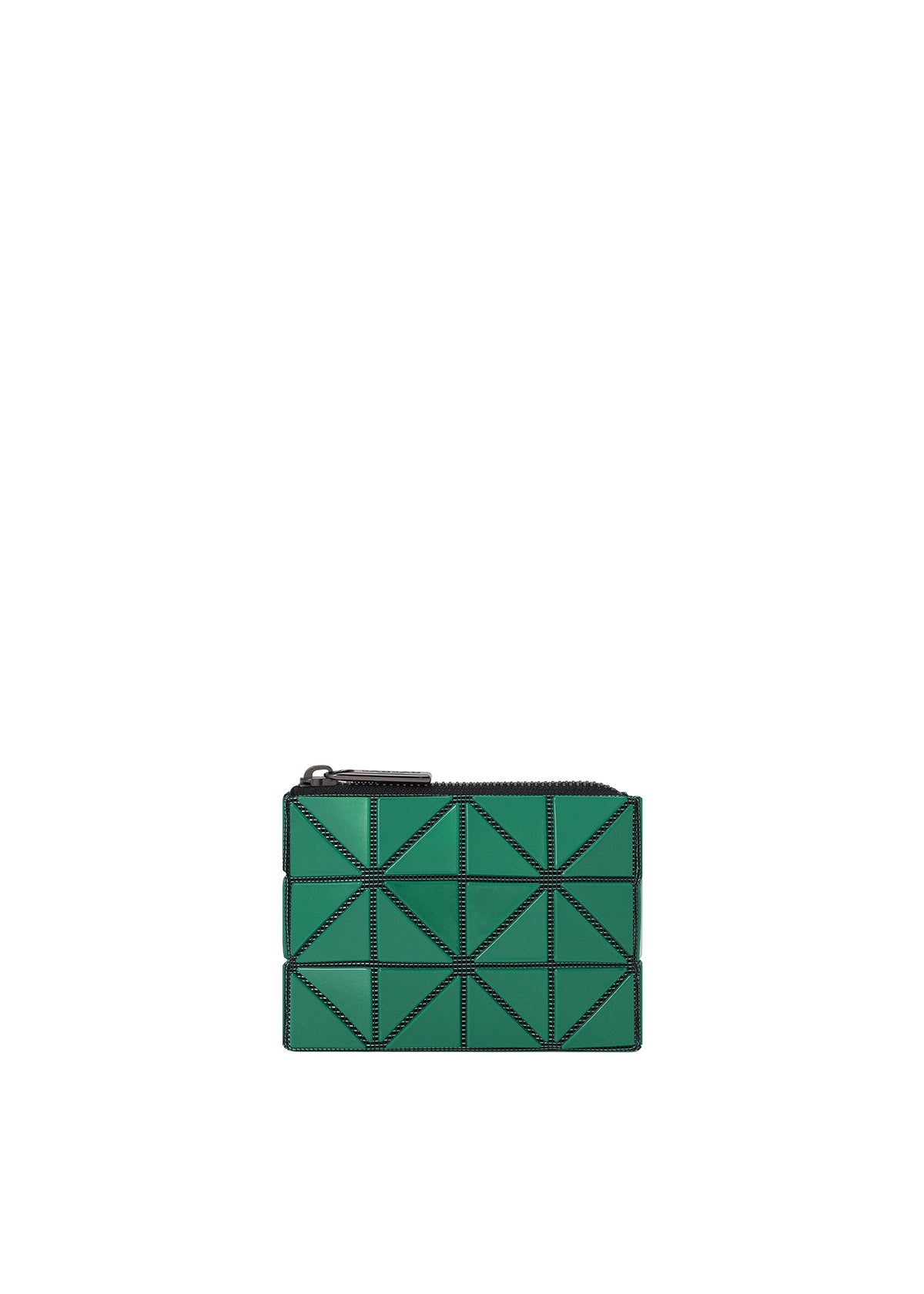 The CASSETTE by BAO BAO ISSEY MIYAKE is a small green zippered coin pouch featuring a geometric triangular pattern with black outlines, shown centered on a plain white background. view 5 of 8