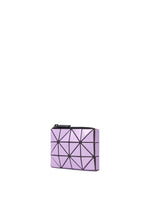The BAO BAO ISSEY MIYAKE CASSETTE is a compact rectangular wallet in lavender, featuring a signature geometric triangular pattern and zippered closure that also functions as a handy card holder, shown against a plain white background.