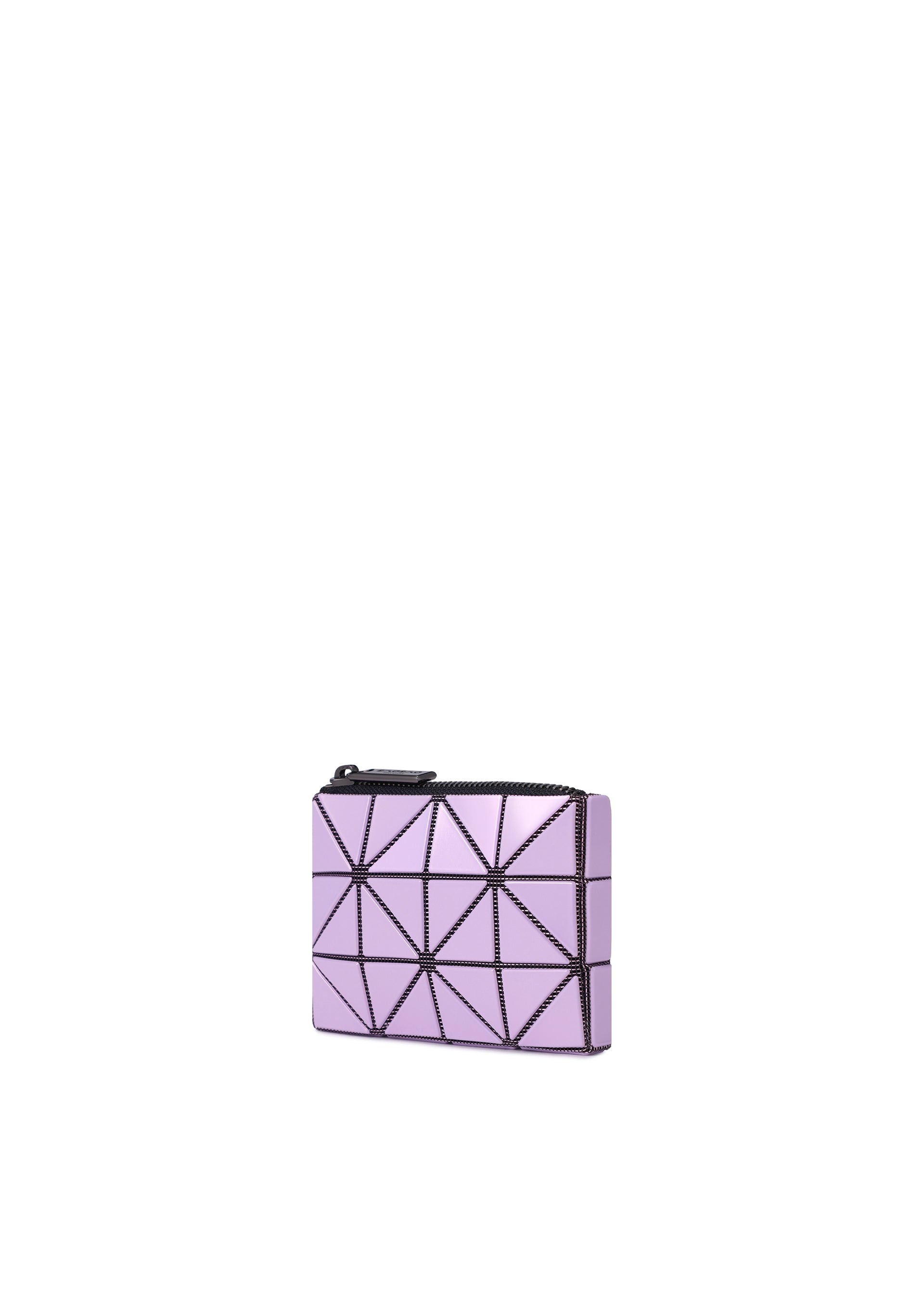 Zoomed view The BAO BAO ISSEY MIYAKE CASSETTE is a compact rectangular wallet in lavender, featuring a signature geometric triangular pattern and zippered closure that also functions as a handy card holder, shown against a plain white background.