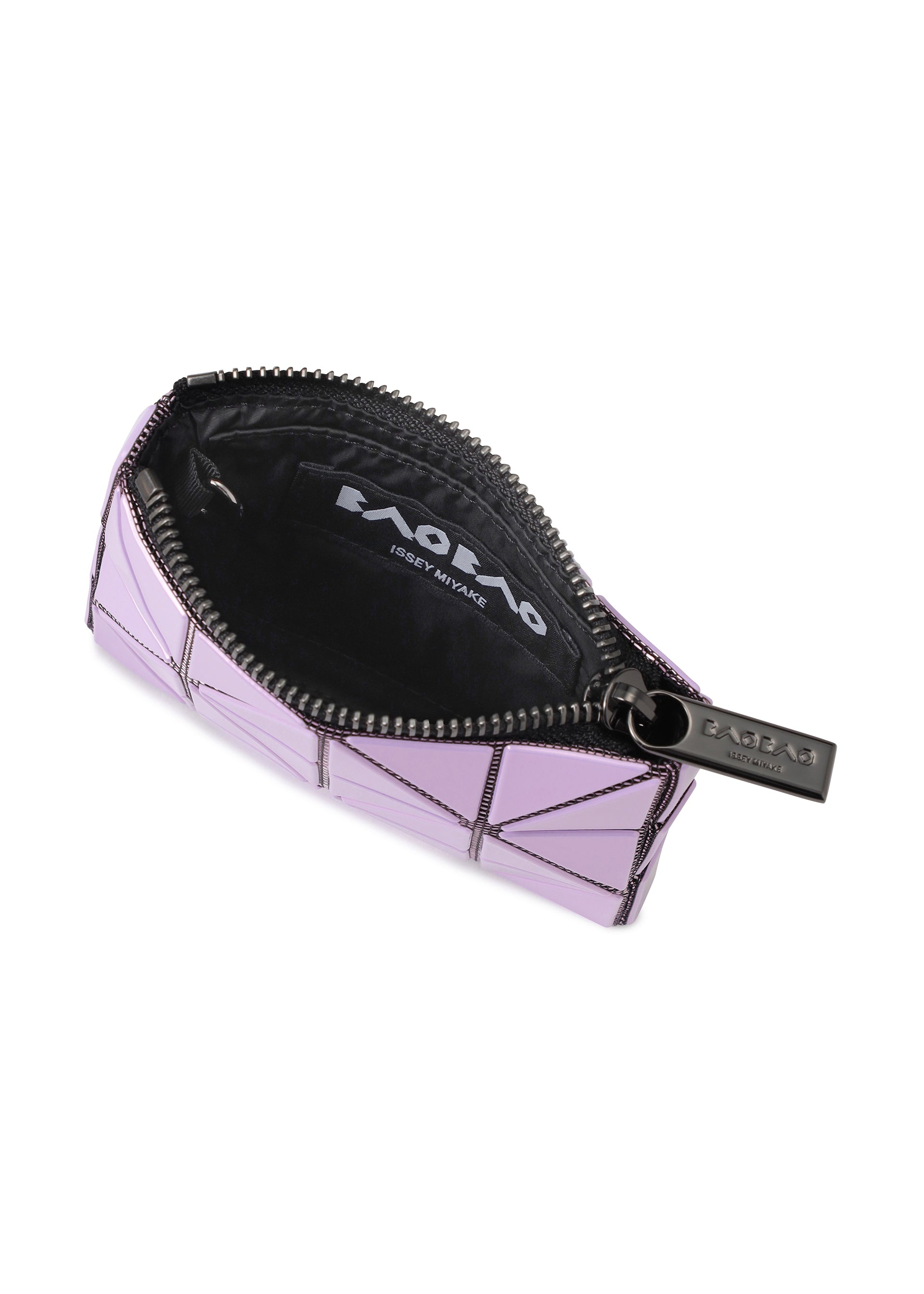 Zoomed view A small lavender CASSETTE zipper case by BAO BAO ISSEY MIYAKE, featuring geometric patterns and a partially open design that reveals a black interior and a label with the brand’s name.