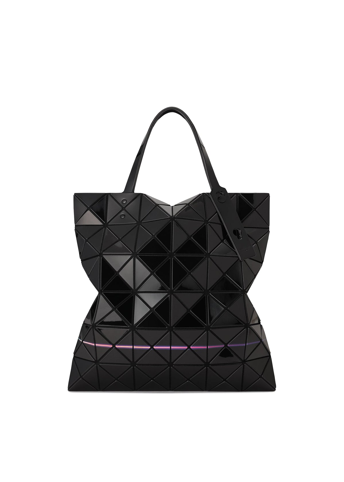 The WARP tote by BAO BAO ISSEY MIYAKE is a black geometric bag made of enamel material with triangular panels, dual handles, a slightly reflective finish, and a subtle rainbow line near the base. view 2 of 6