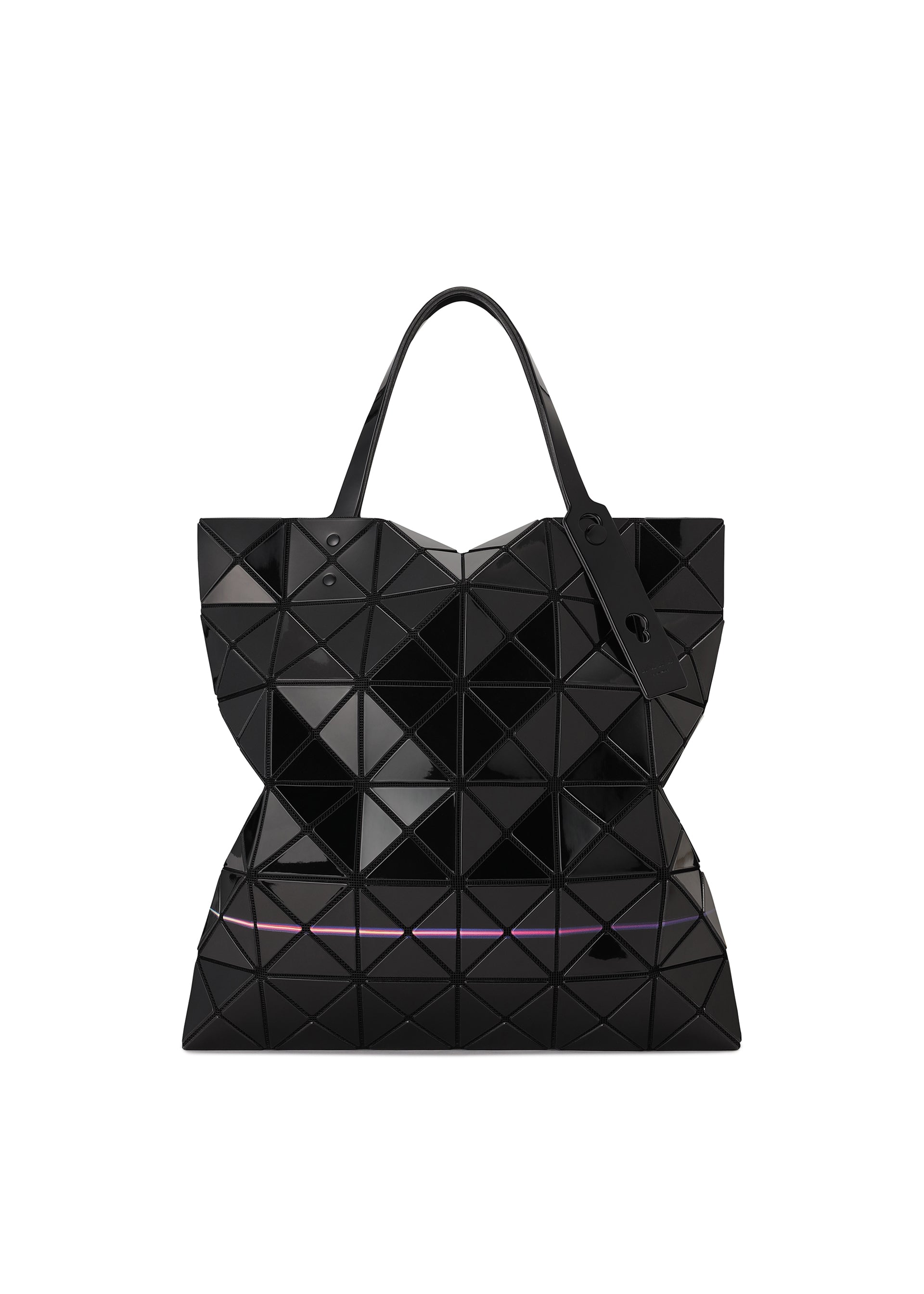 Zoomed view The WARP tote by BAO BAO ISSEY MIYAKE is a black geometric bag made of enamel material with triangular panels, dual handles, a slightly reflective finish, and a subtle rainbow line near the base.