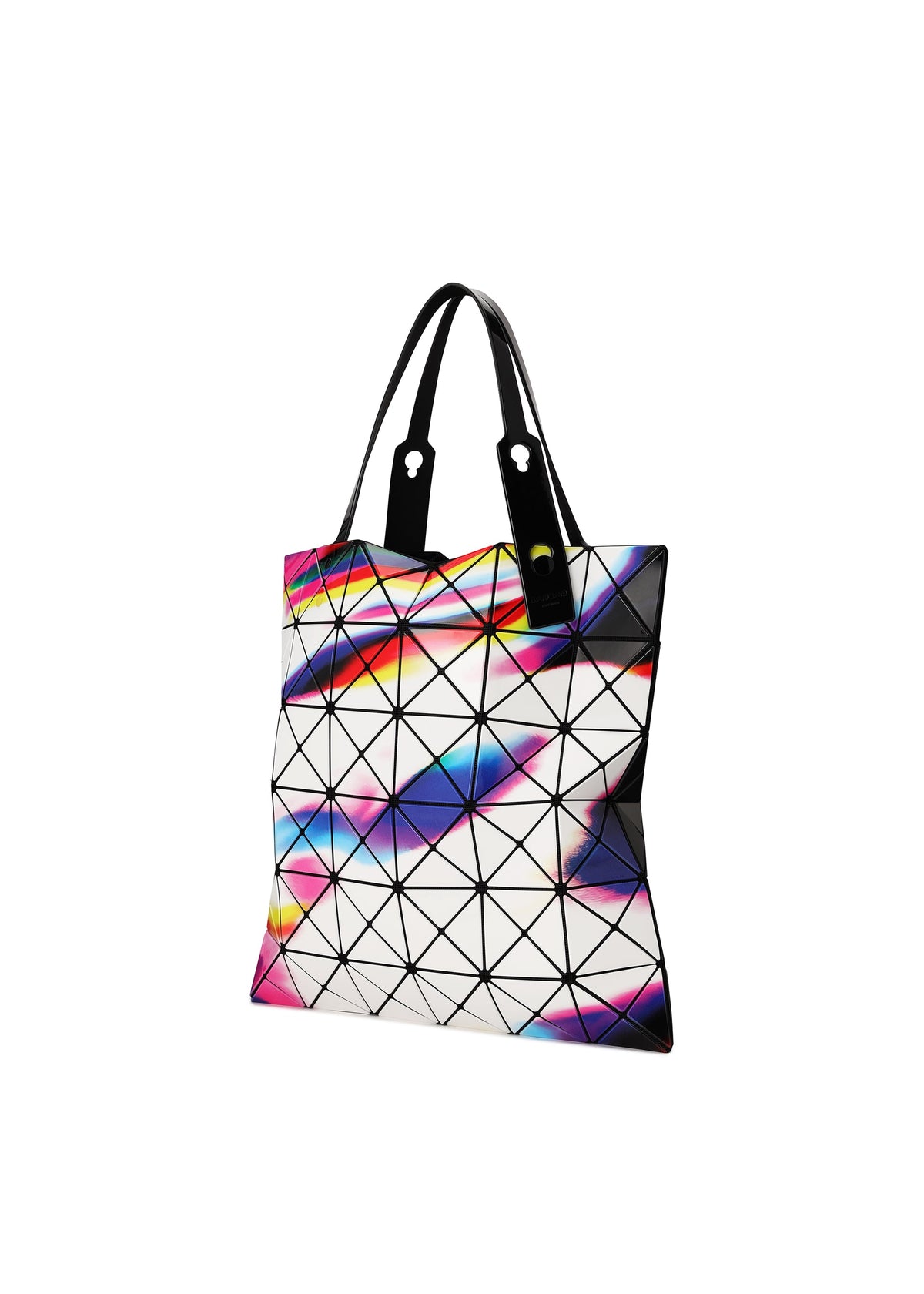 The WARP tote bag by BAO BAO ISSEY MIYAKE features black handles and a lively geometric pattern of pink, blue, yellow, and purple triangles on white—perfect for carrying your A4 laptop in style. view 3 of 6