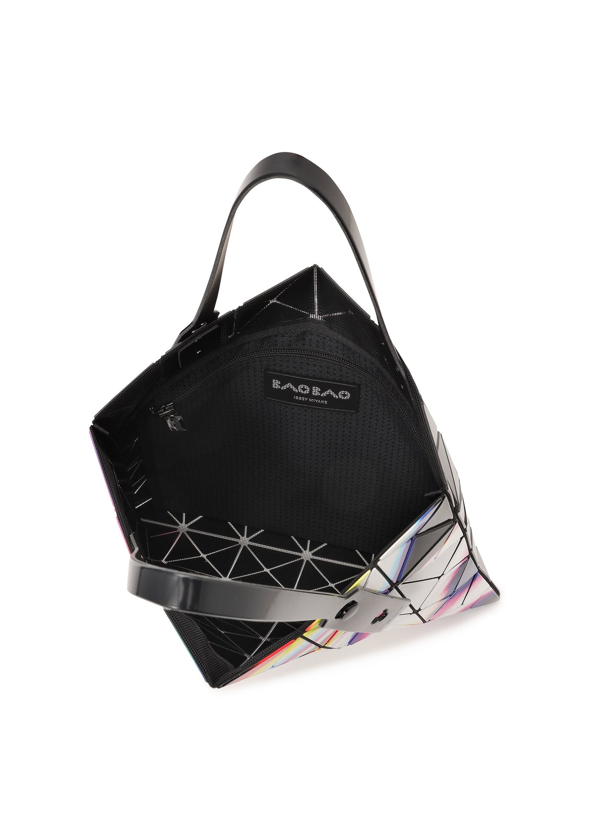 The WARP tote from BAO BAO ISSEY MIYAKE features a geometric black enamel exterior with a triangular grid, color-reflective surfaces, and a slightly open top revealing a black mesh pocket and brand label inside. view 5 of 6