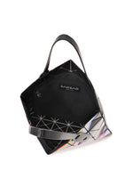 The WARP tote from BAO BAO ISSEY MIYAKE features a geometric black enamel exterior with a triangular grid, color-reflective surfaces, and a slightly open top revealing a black mesh pocket and brand label inside.