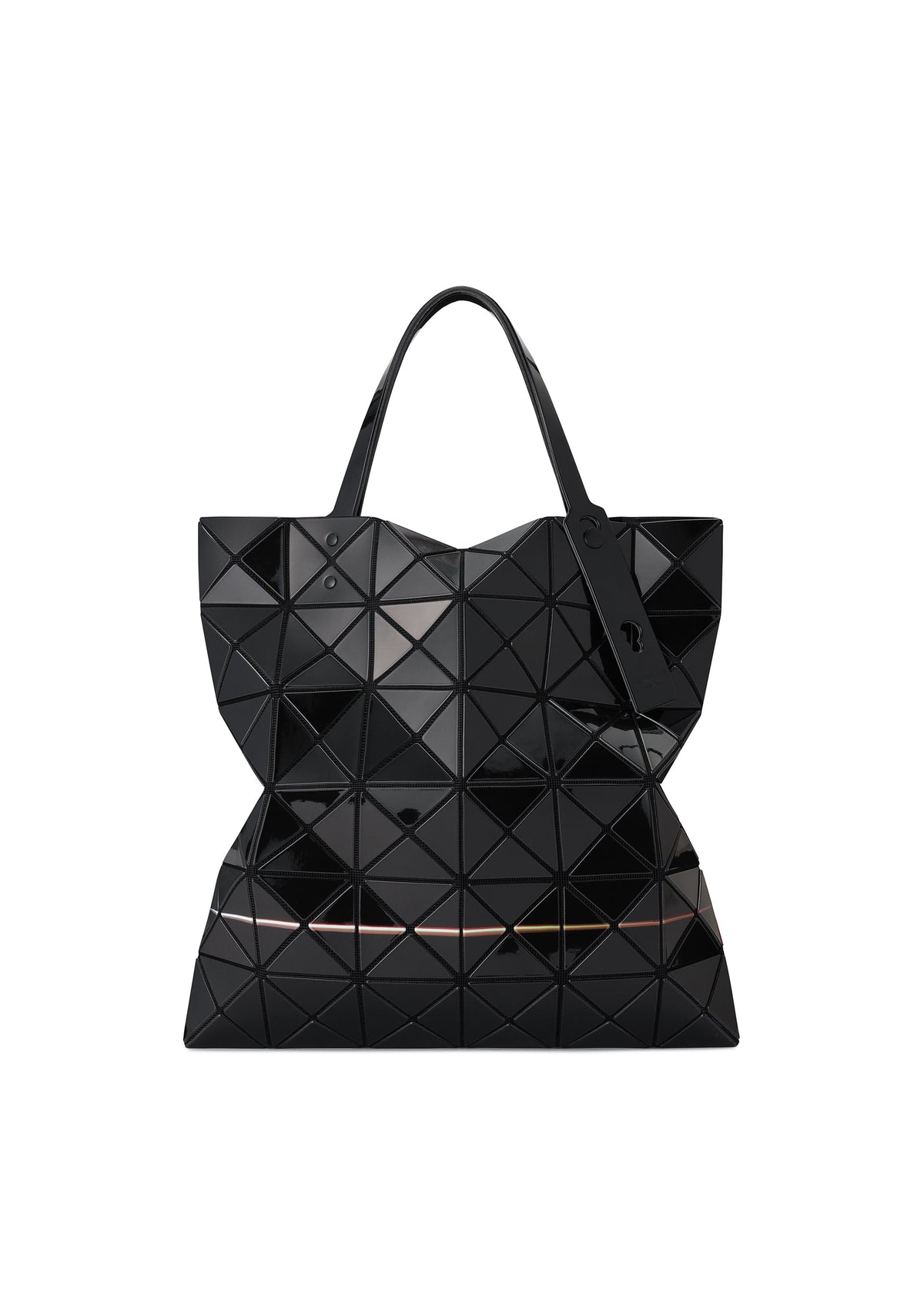 The WARP by BAO BAO ISSEY MIYAKE is a black geometric tote bag featuring a unique triangular mosaic print, dual handles, and a shiny enamel finish for a reflective, modern sculptural look. view 2 of 5