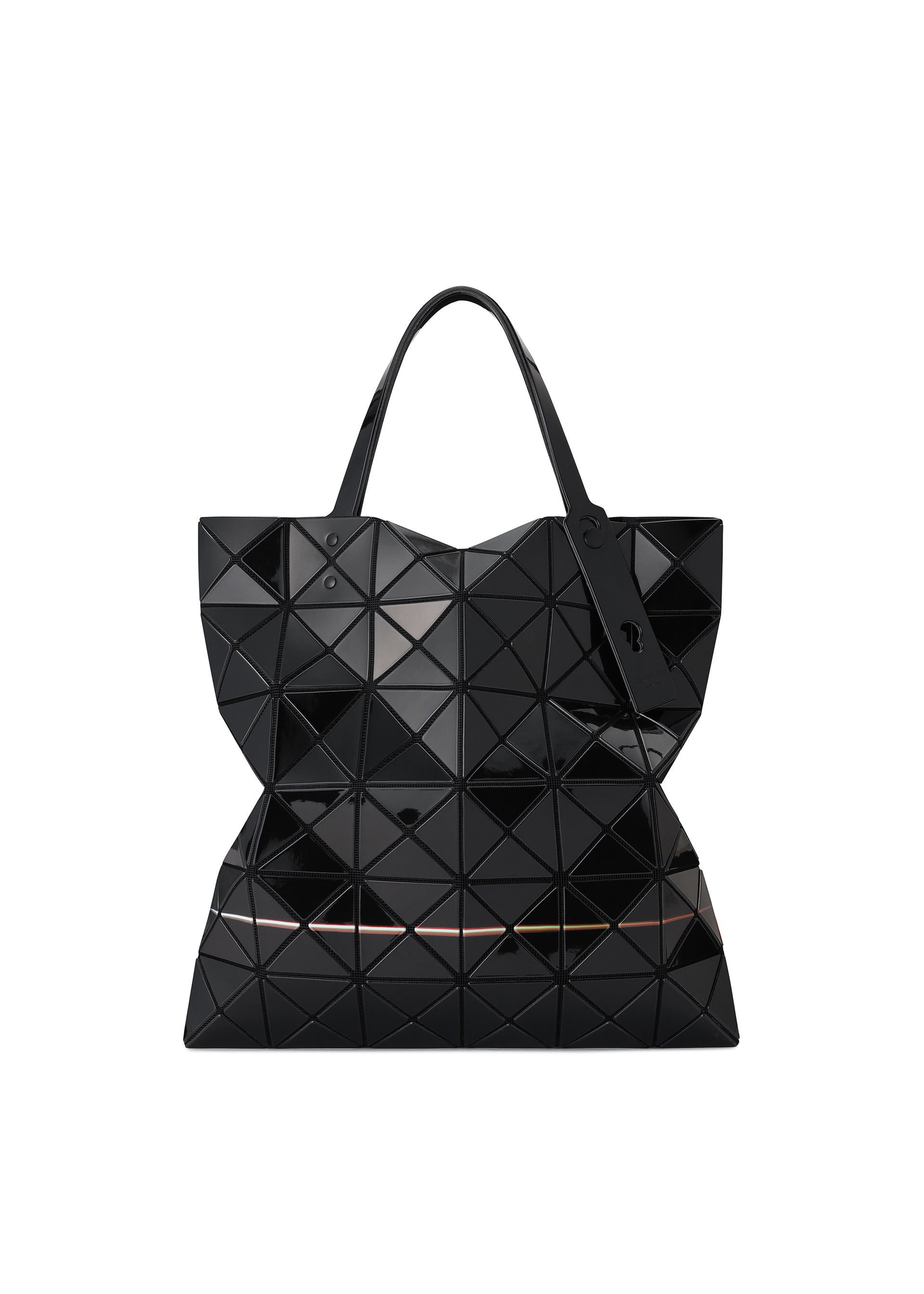 Zoomed view The WARP by BAO BAO ISSEY MIYAKE is a black geometric tote bag featuring a unique triangular mosaic print, dual handles, and a shiny enamel finish for a reflective, modern sculptural look.