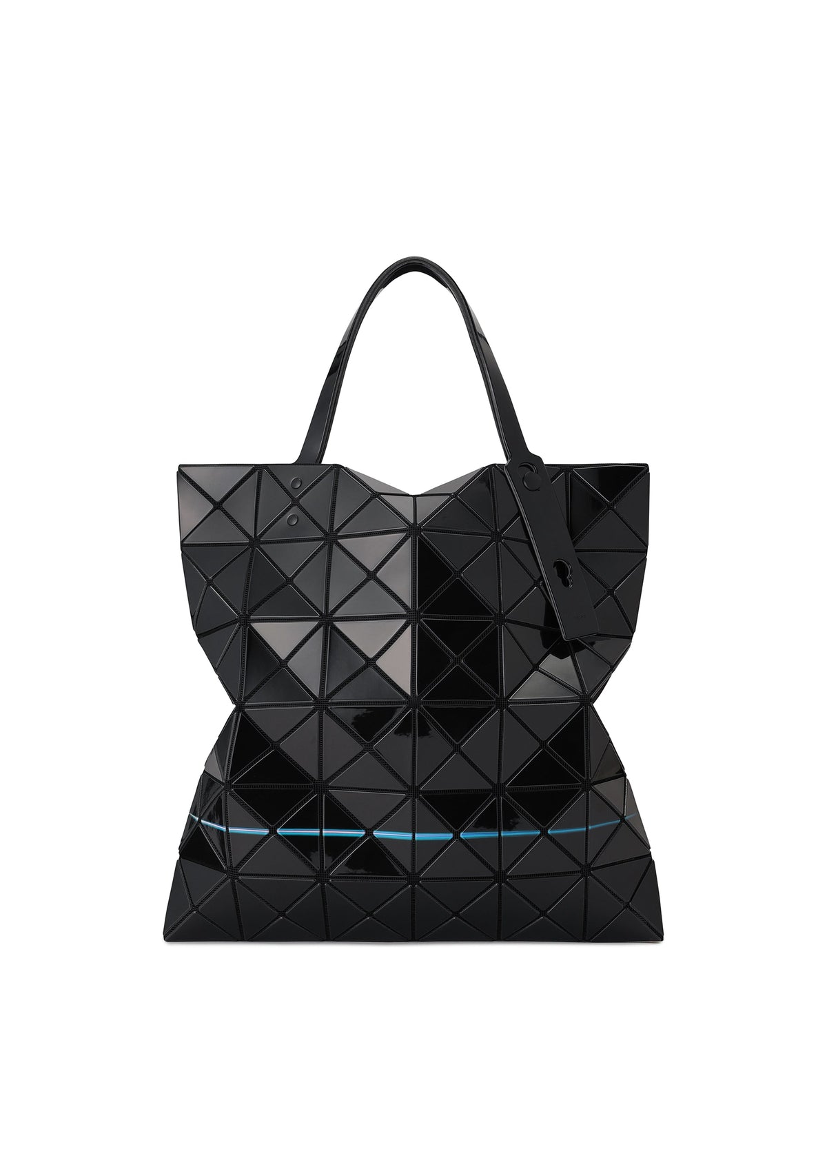 The WARP tote by BAO BAO ISSEY MIYAKE is a black geometric bag with glossy triangular panels, two handles, a modern sculptural design, and a subtle blue accent line near the bottom. view 2 of 5