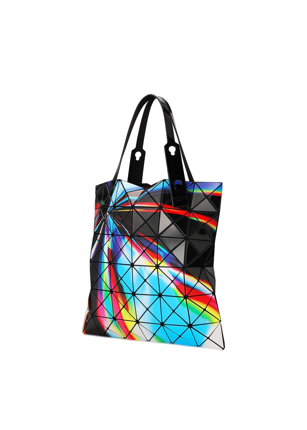 The WARP tote by BAO BAO ISSEY MIYAKE features flexible black geometric panels with a vibrant, reflective blue, red, yellow, and white print. Made from enamel material, it has two black handles and a sleek, futuristic design. view 3 of 5