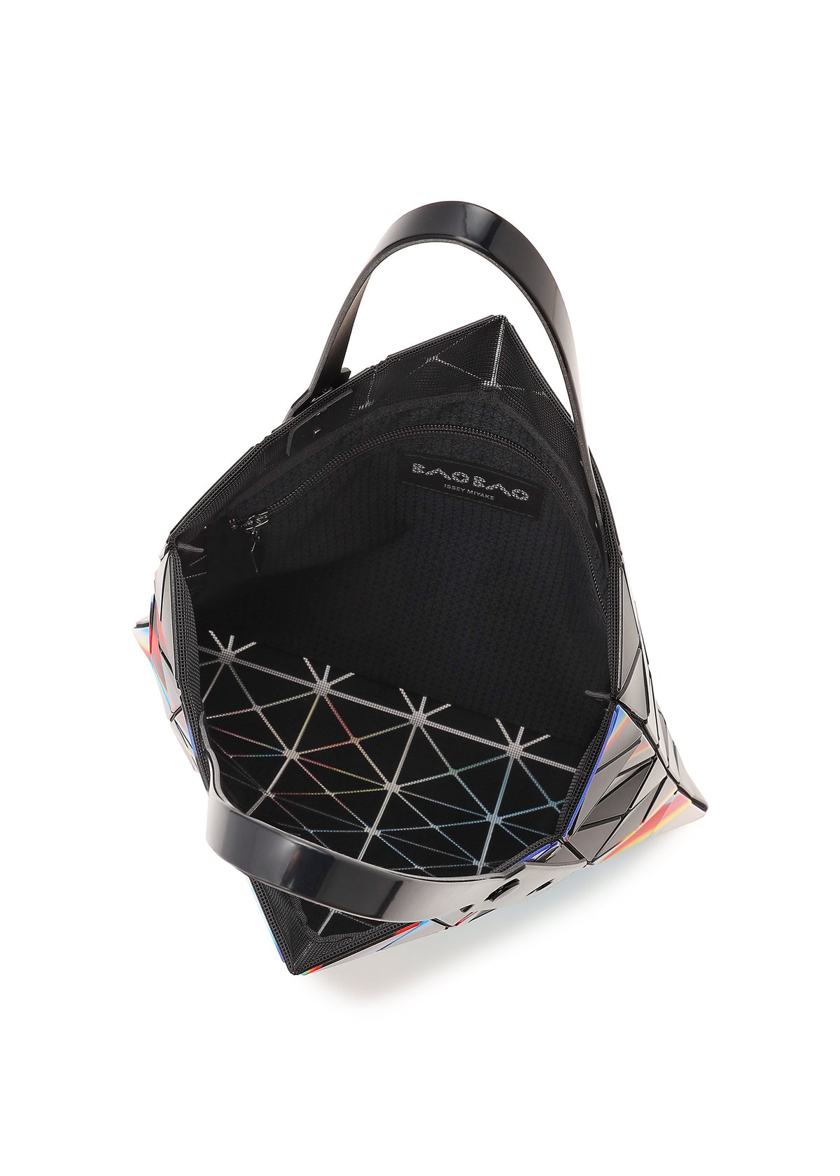 The WARP tote by BAO BAO ISSEY MIYAKE is a geometric black bag crafted from glossy enamel, with triangular panels, an open top, roomy interior, zippered pocket, and the BAO BAO label inside. view 5 of 5