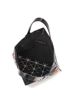The WARP tote by BAO BAO ISSEY MIYAKE is a geometric black bag crafted from glossy enamel, with triangular panels, an open top, roomy interior, zippered pocket, and the BAO BAO label inside.