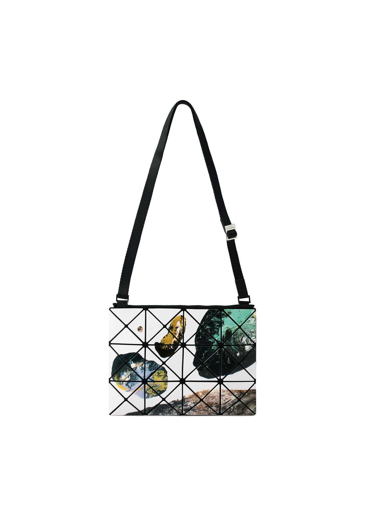 The COSMIC shoulder bag by BAO BAO ISSEY MIYAKE showcases a geometric pattern of abstract, multicolored circles and shapes on a white enamel background, and features an adjustable strap. view 1 of 10