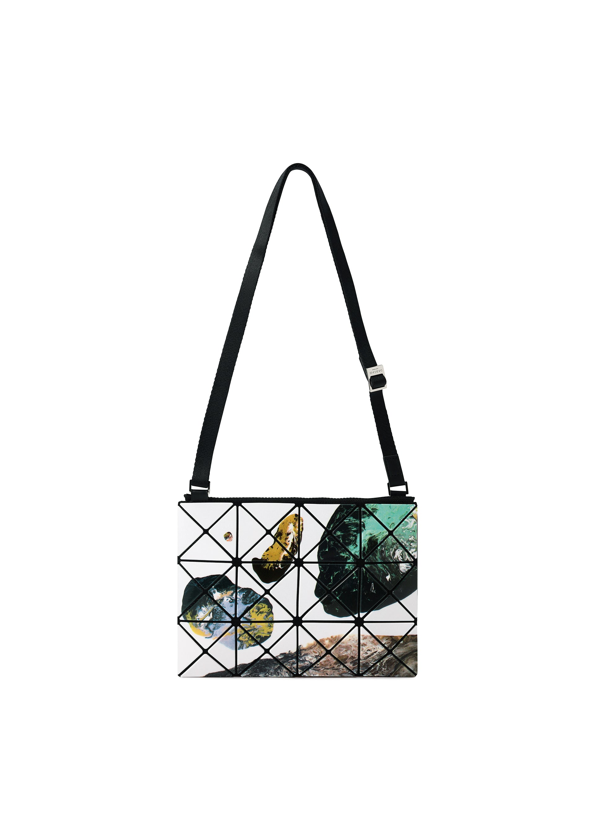 Zoomed view The COSMIC shoulder bag by BAO BAO ISSEY MIYAKE showcases a geometric pattern of abstract, multicolored circles and shapes on a white enamel background, and features an adjustable strap. - WHITE BASE （no.08）