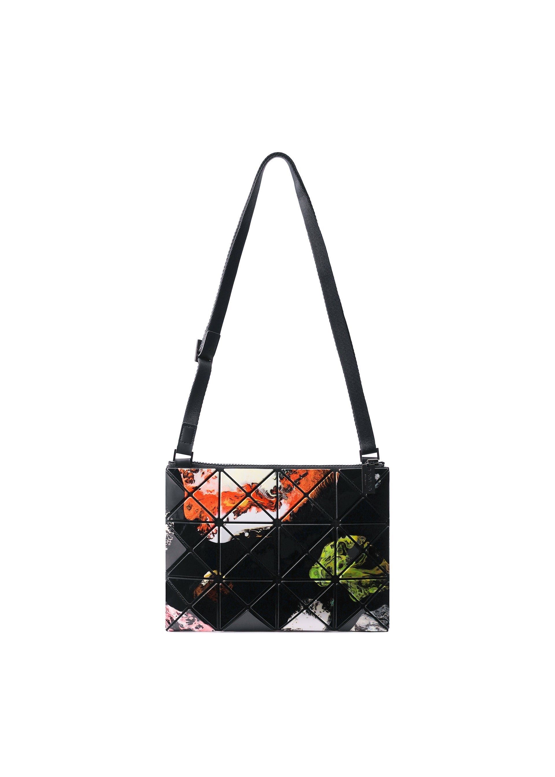 Zoomed view Introducing the COSMIC bag by BAO BAO ISSEY MIYAKE—a rectangular black shoulder bag crafted from enamel material, featuring a grid pattern and vibrant abstract prints in orange, green, pink, and white on the front. It comes with a long, adjustable strap for comfortable carrying.