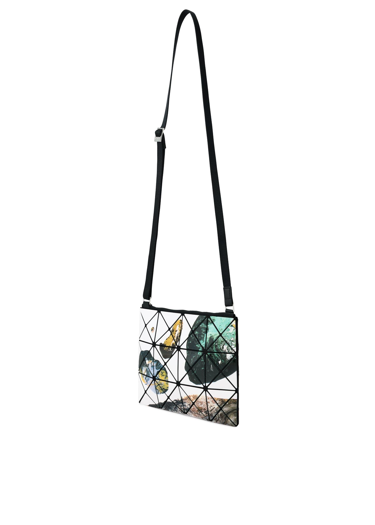 The COSMIC crossbody bag by BAO BAO ISSEY MIYAKE is crafted from durable enamel material and showcases a colorful abstract geometric pattern on the front, complemented by a black adjustable strap and presented against a white background. view 5 of 10