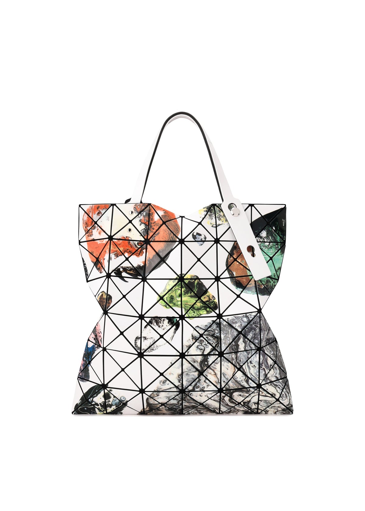 The COSMIC tote bag from BAO BAO ISSEY MIYAKE features a striking triangular grid pattern with multicolored abstract designs and two white handles, making it a stylish choice for carrying A4-sized documents. view 1 of 10