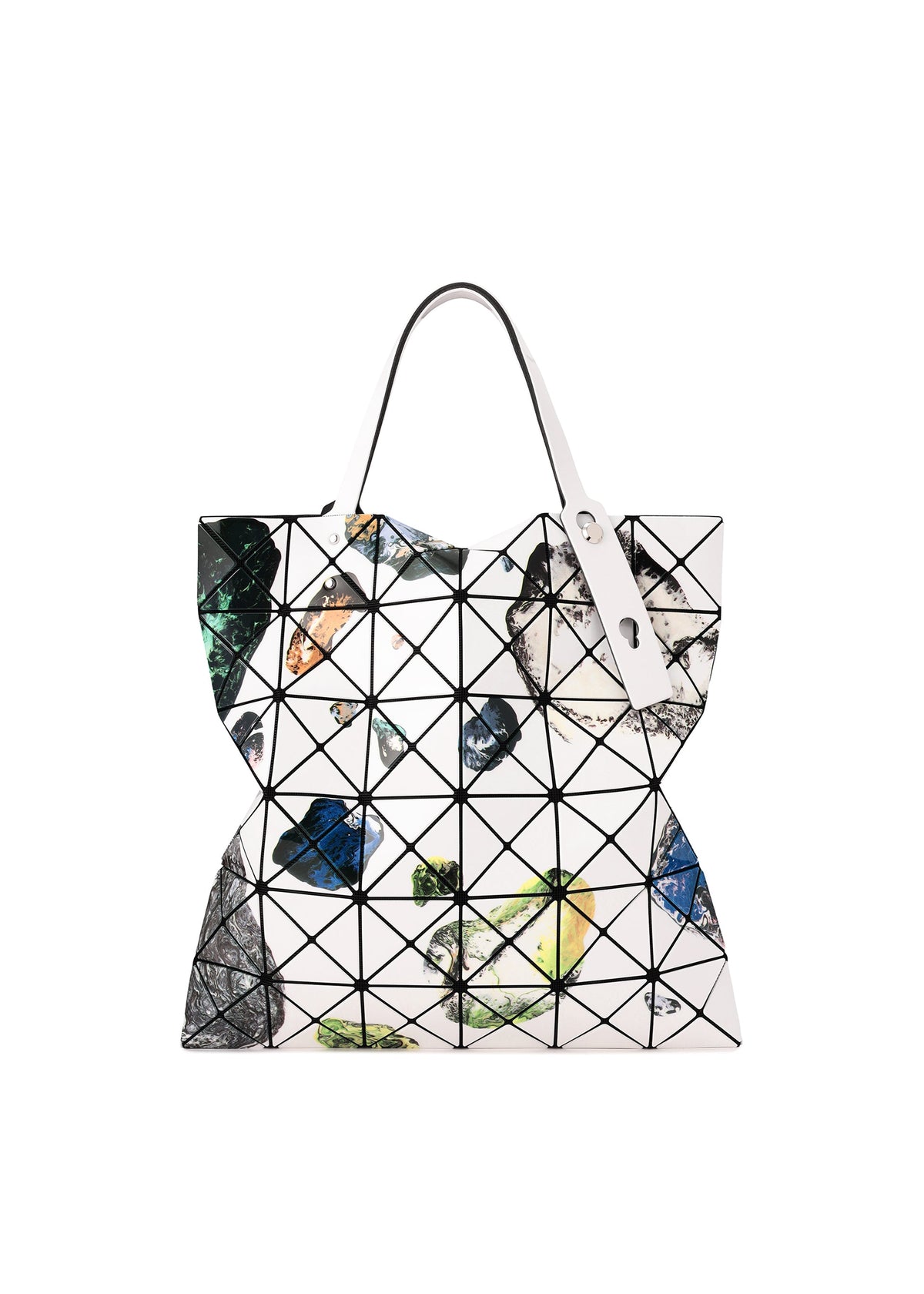 Introducing COSMIC by BAO BAO ISSEY MIYAKE—a sleek enamel tote bag in white, adorned with geometric black lines and abstract multicolored accents, featuring two white handles and a modern sculptural design that stylishly holds your A4 documents. view 2 of 10