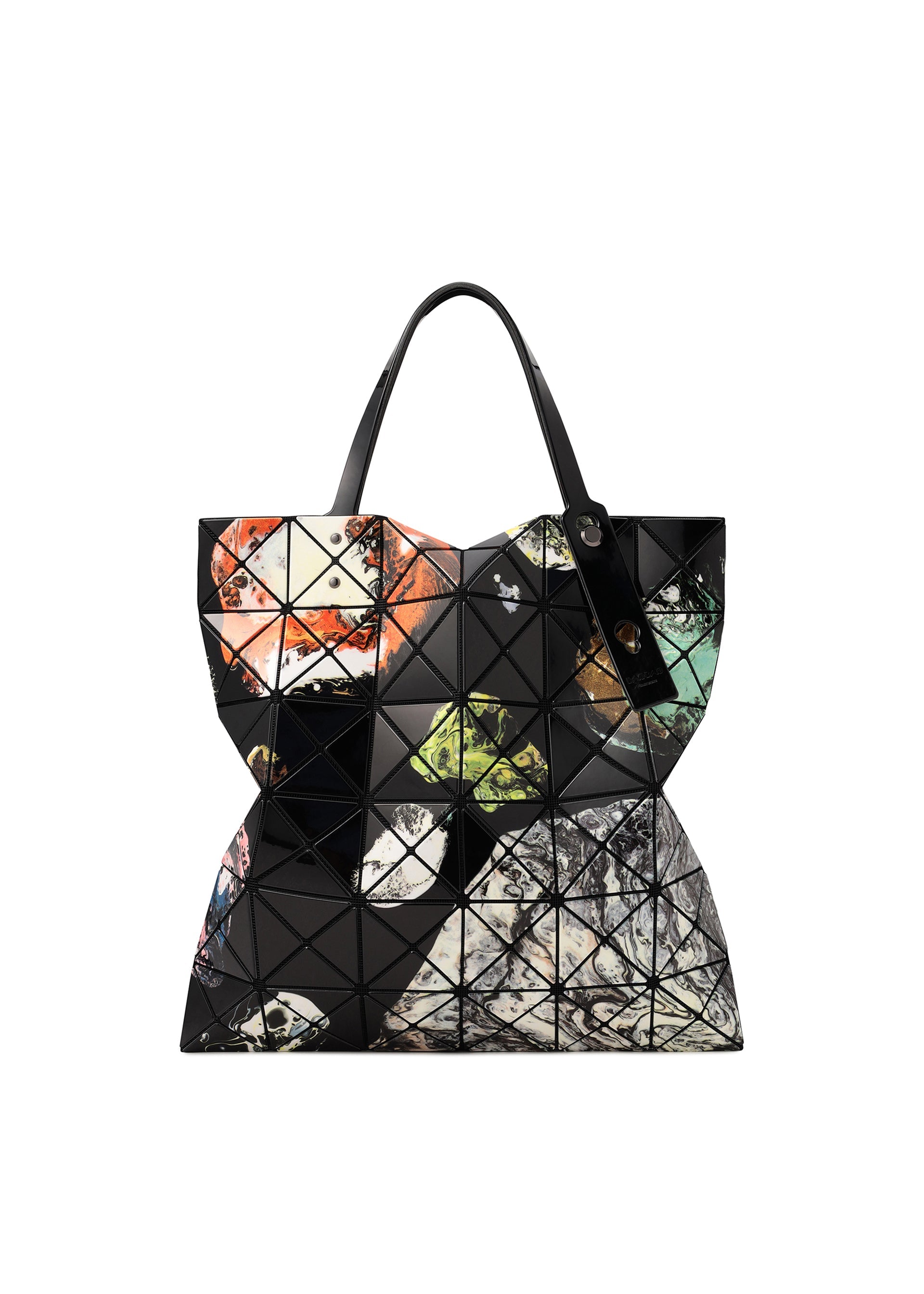 Zoomed view The COSMIC tote bag by BAO BAO ISSEY MIYAKE is a geometric black enamel bag adorned with multicolored abstract patterns, designed with two handles and a glossy, segmented surface—spaciously crafted to easily accommodate your A4-sized documents. - BLACK BASE （no.18）
