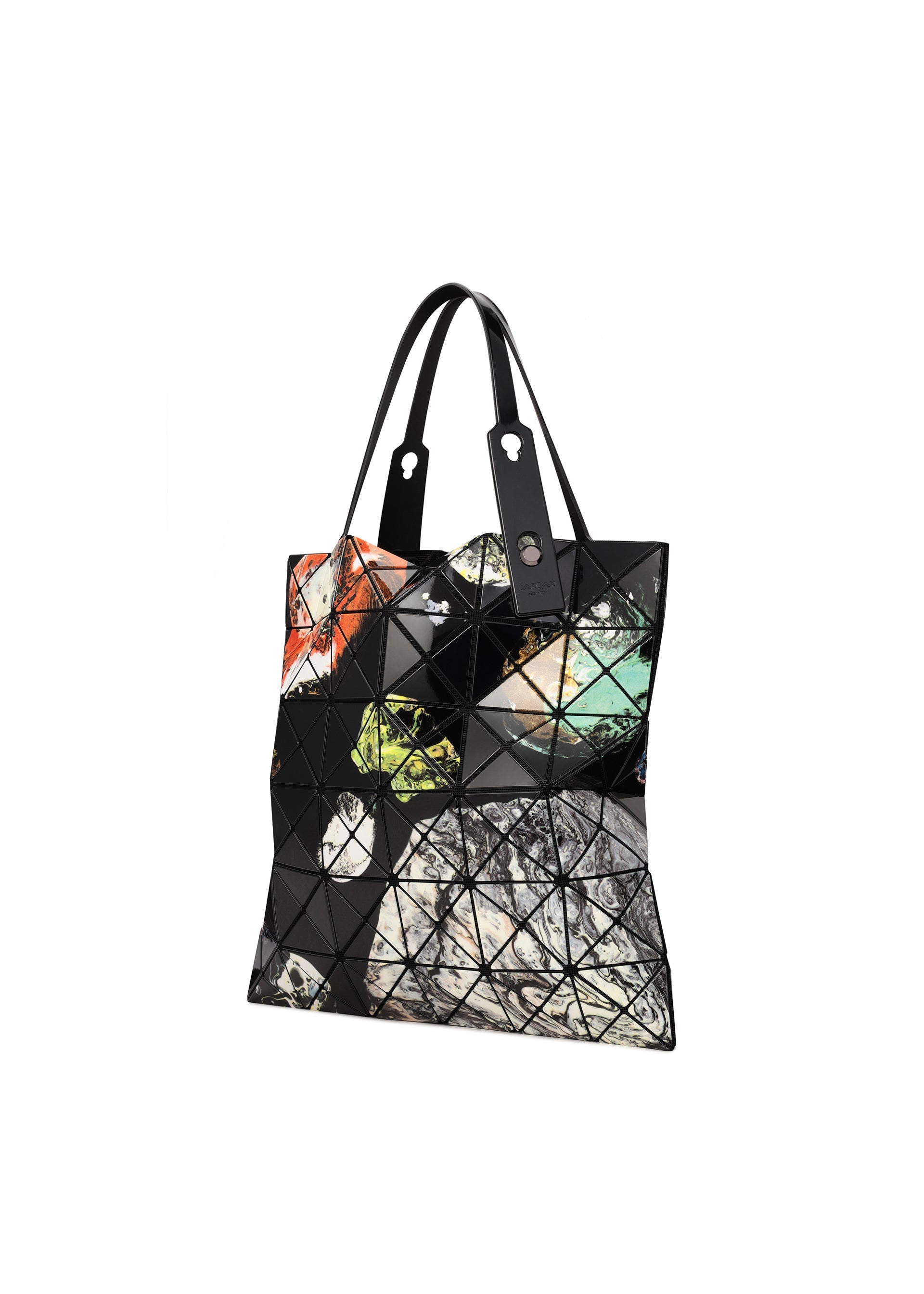 Zoomed view Introducing the COSMIC tote bag by BAO BAO ISSEY MIYAKE—a spacious geometric black tote featuring glossy enamel triangular panels adorned with a vibrant abstract pattern, two sleek black straps, and finished with silver rivet accents. Perfectly sized to carry your A4 documents.