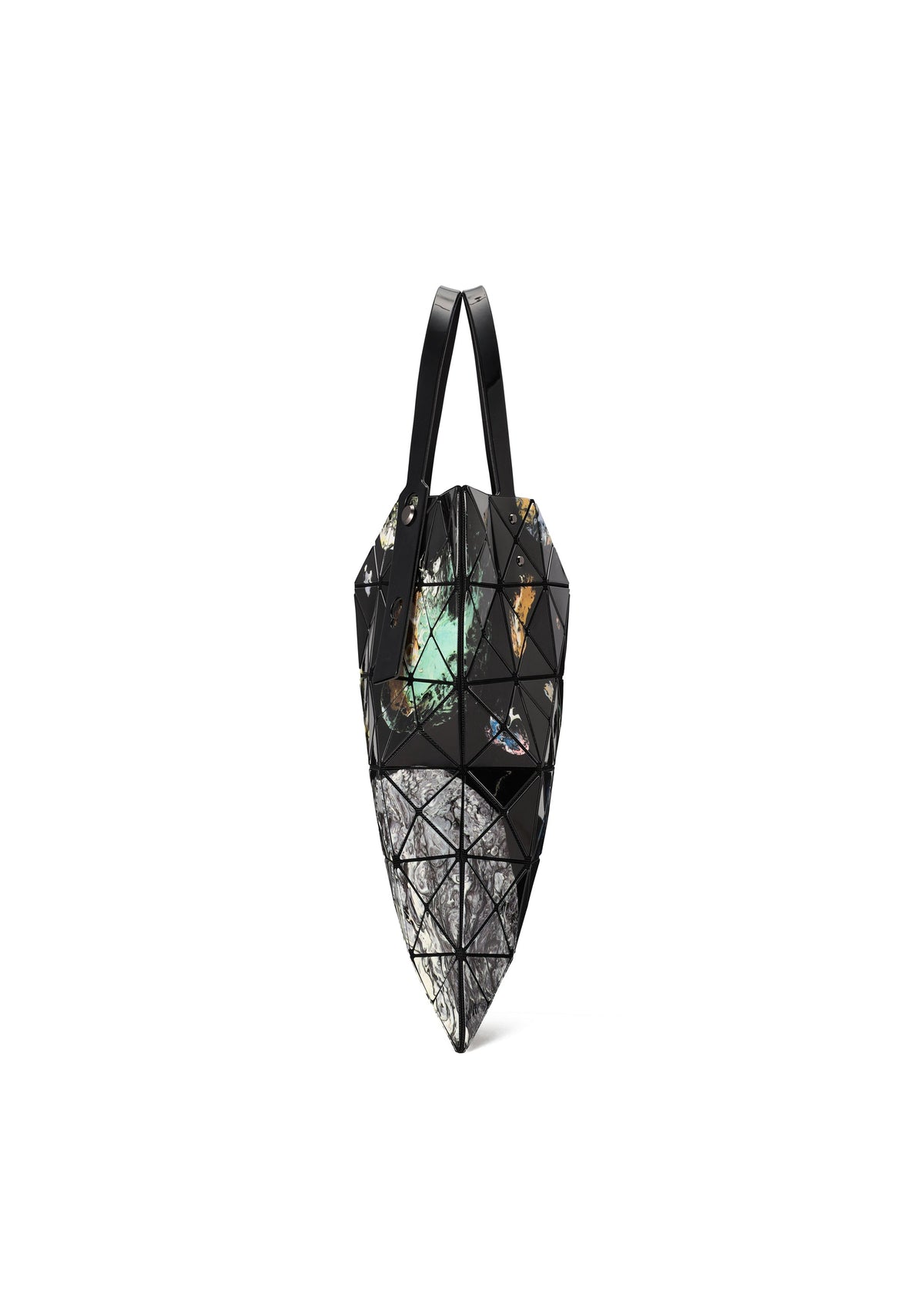 The COSMIC tote bag by BAO BAO ISSEY MIYAKE features a geometric, triangular design with mosaic-like facets in black, combining glossy enamel, matte, and marbled patterns in shades of gray, black, and subtle green accents. It has a short handle and is perfectly sized to carry your A4 documents. view 6 of 10