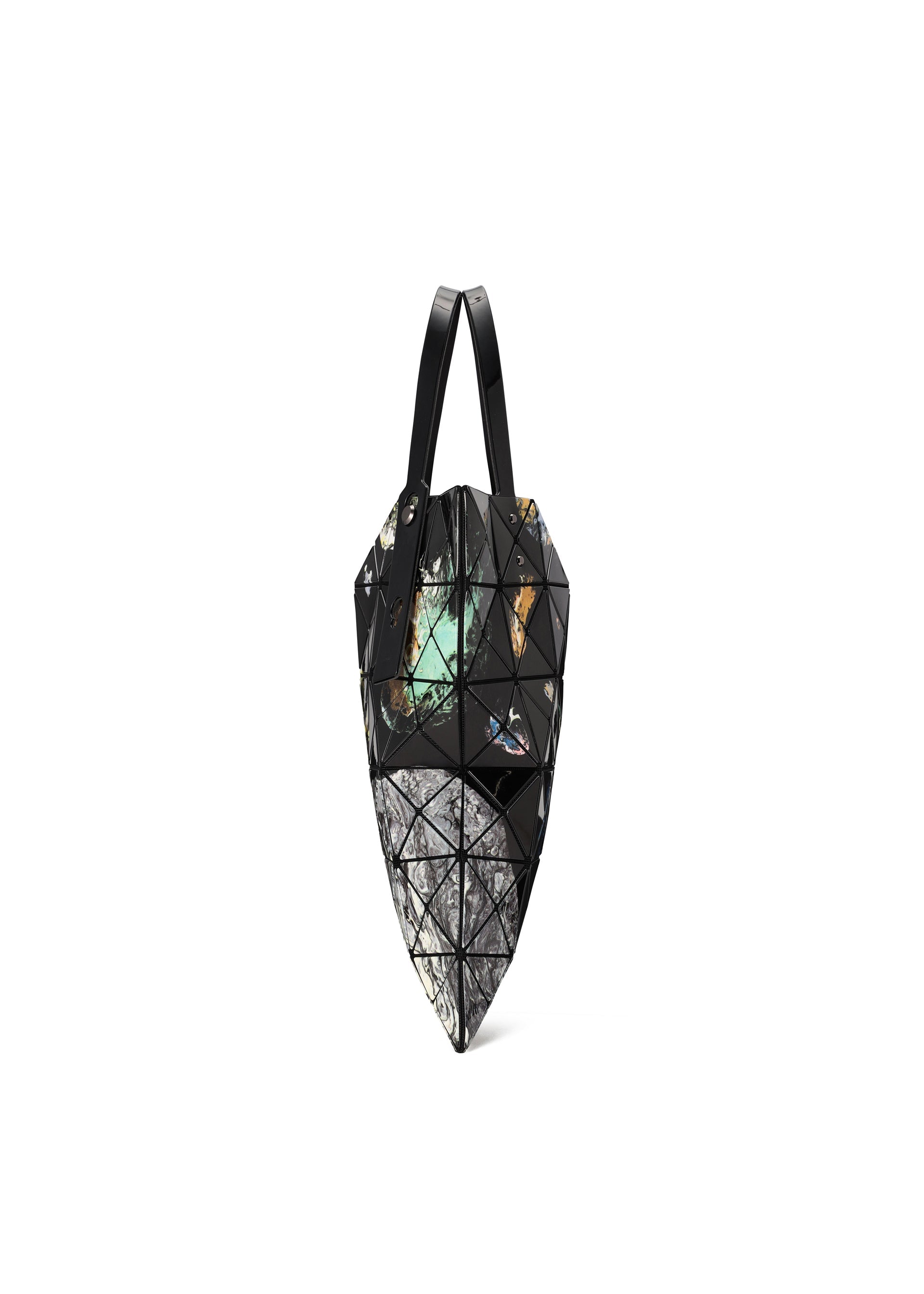 Zoomed view The COSMIC tote bag by BAO BAO ISSEY MIYAKE features a geometric, triangular design with mosaic-like facets in black, combining glossy enamel, matte, and marbled patterns in shades of gray, black, and subtle green accents. It has a short handle and is perfectly sized to carry your A4 documents.