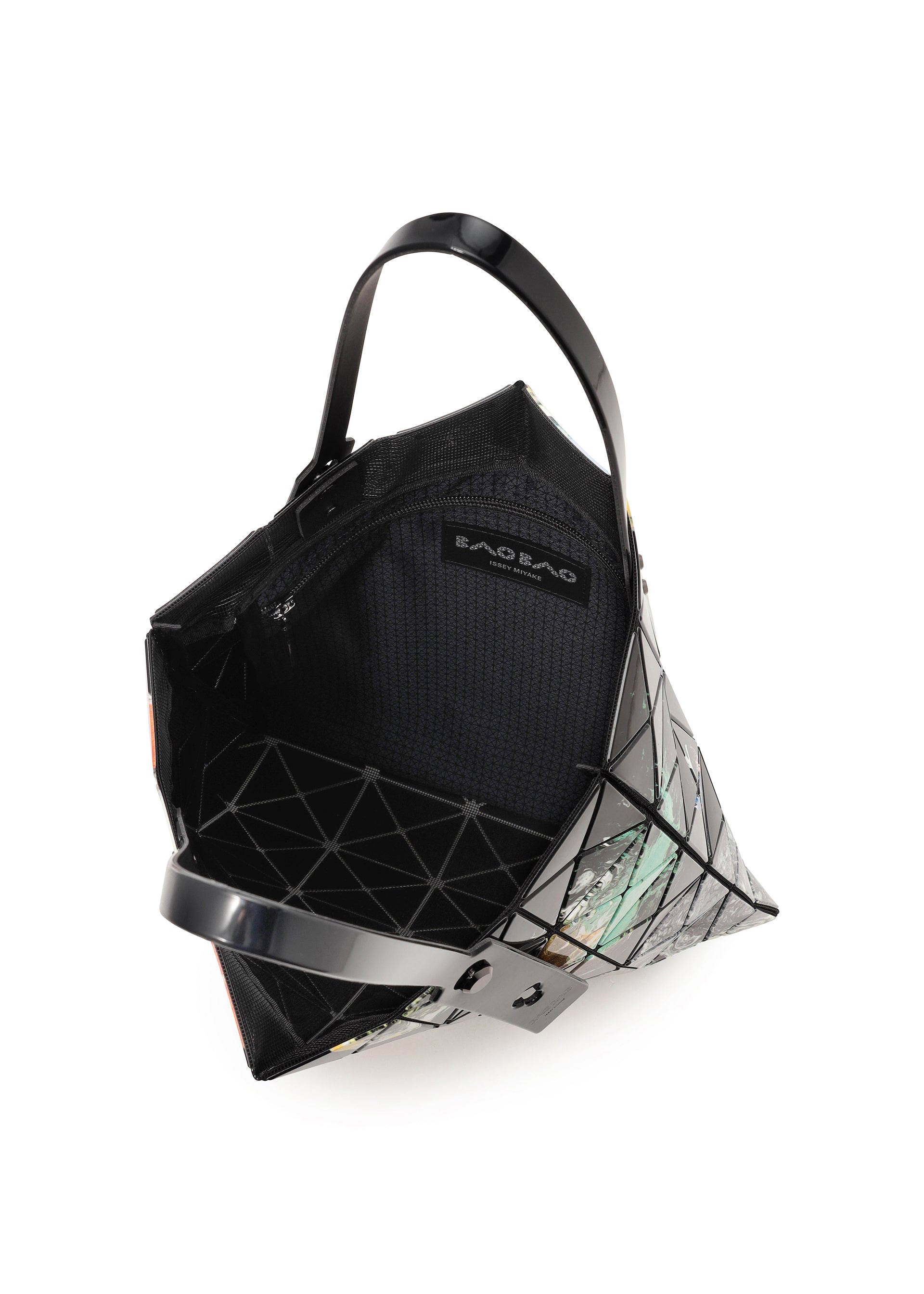 Zoomed view Introducing the COSMIC tote bag by BAO BAO ISSEY MIYAKE—a geometric black accessory crafted from signature enamel material, showcasing a bold grid pattern. It features a partially open top that reveals a spacious black fabric interior, ideal for carrying A4-sized documents. The distinctive BAO BAO label is displayed inside.
