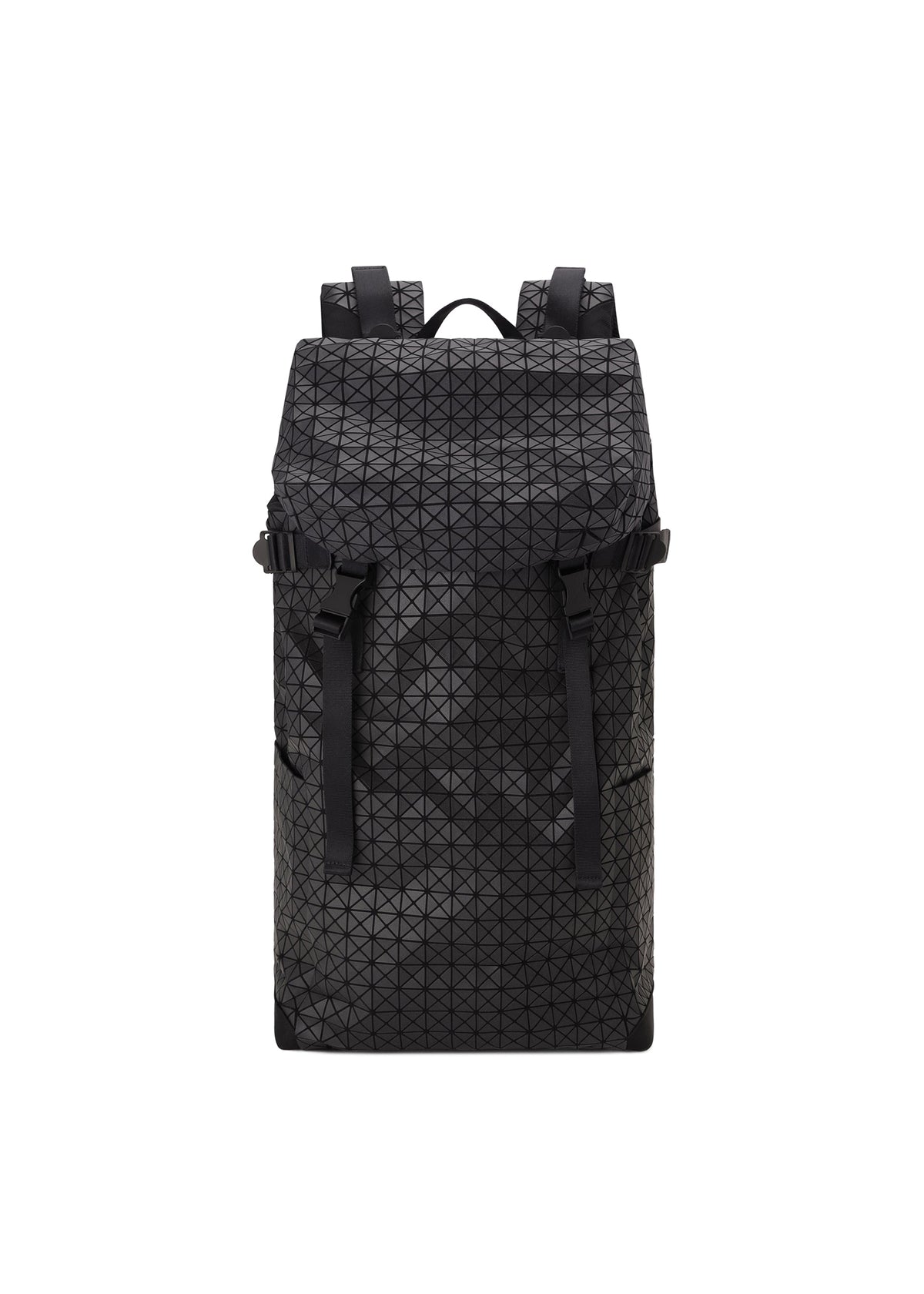 The HIKER backpack by BAO BAO ISSEY MIYAKE is crafted from black cowhide leather with a geometric triangular pattern, featuring a laptop pocket, two adjustable shoulder straps, and a flap closure with buckle straps against a plain white background. view 1 of 8