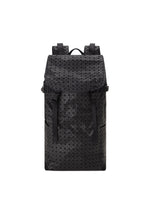 The HIKER backpack by BAO BAO ISSEY MIYAKE is crafted from black cowhide leather with a geometric triangular pattern, featuring a laptop pocket, two adjustable shoulder straps, and a flap closure with buckle straps against a plain white background. - MATTE BLACK （no.16）