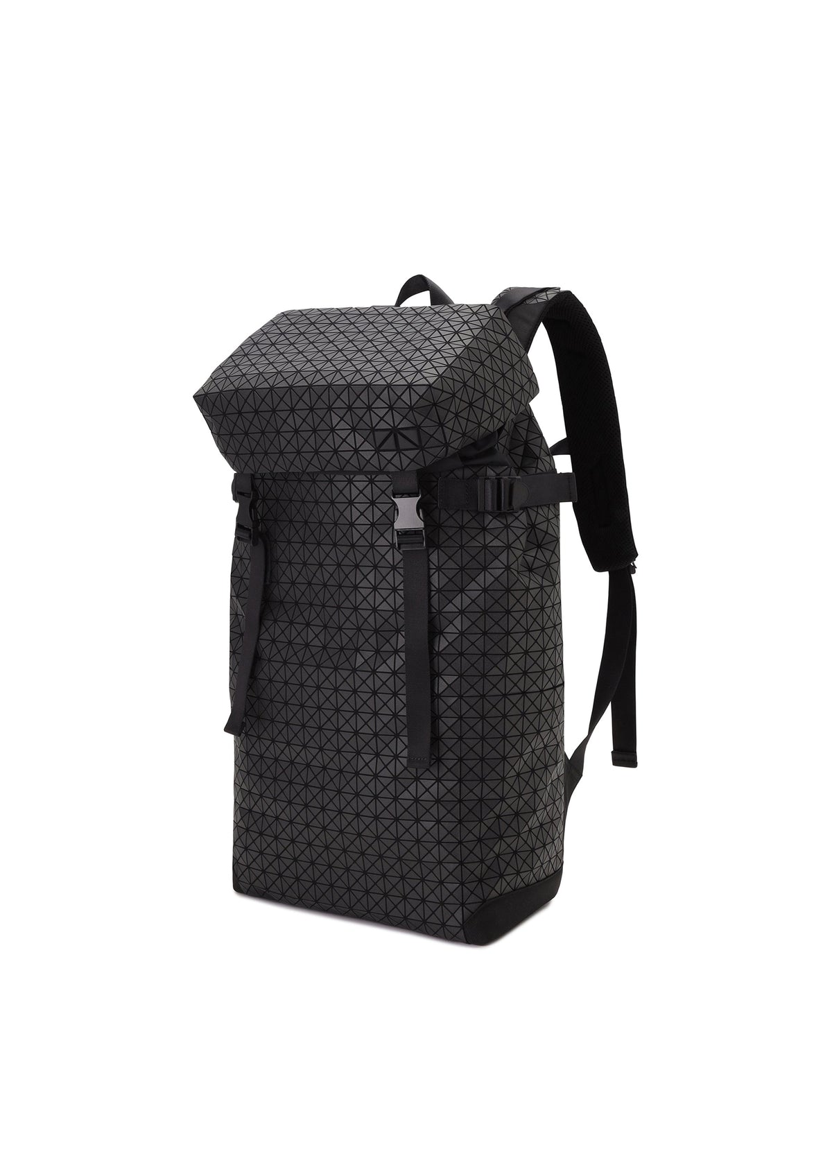 A black HIKER backpack from BAO BAO ISSEY MIYAKE with a geometric pattern, cowhide leather top flap, two front buckles, padded shoulder straps, and a laptop pocket, displayed on a plain white background. view 2 of 8