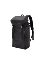 A black HIKER backpack from BAO BAO ISSEY MIYAKE with a geometric pattern, cowhide leather top flap, two front buckles, padded shoulder straps, and a laptop pocket, displayed on a plain white background.
