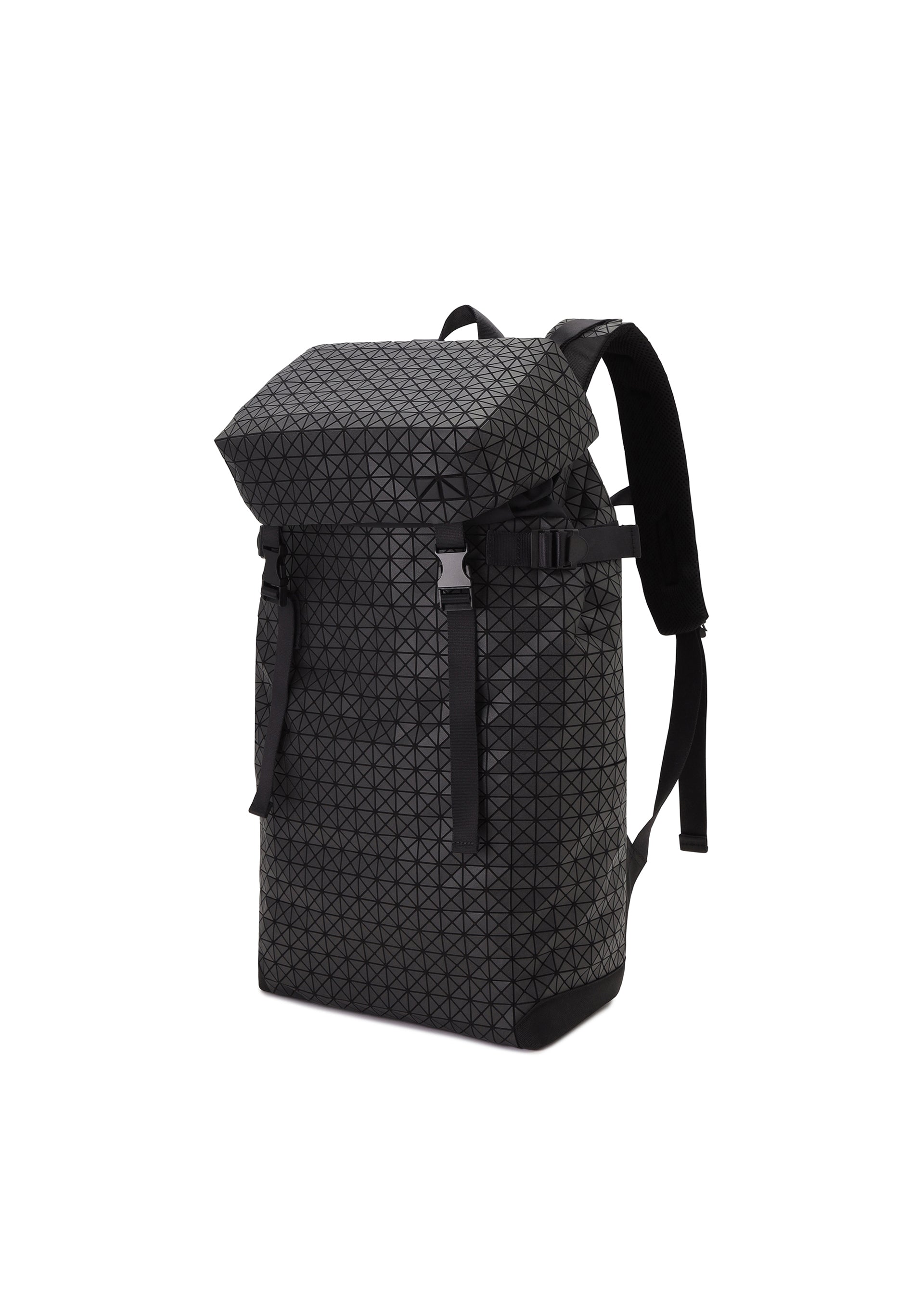 Zoomed view A black HIKER backpack from BAO BAO ISSEY MIYAKE with a geometric pattern, cowhide leather top flap, two front buckles, padded shoulder straps, and a laptop pocket, displayed on a plain white background.