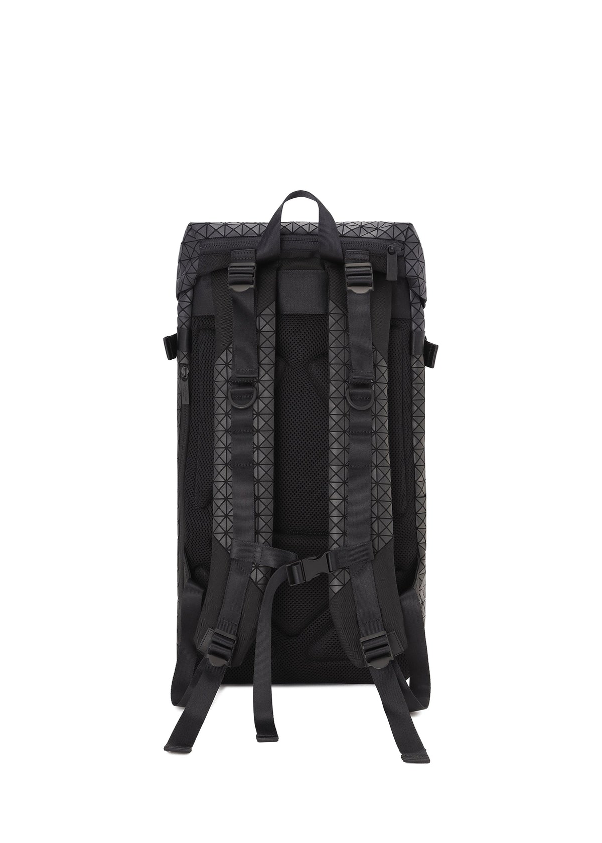 A black HIKER backpack by BAO BAO ISSEY MIYAKE shown from the back, with adjustable padded shoulder straps, a top handle, chest strap, laptop pocket, and a patterned design on the back panel and straps. view 3 of 8