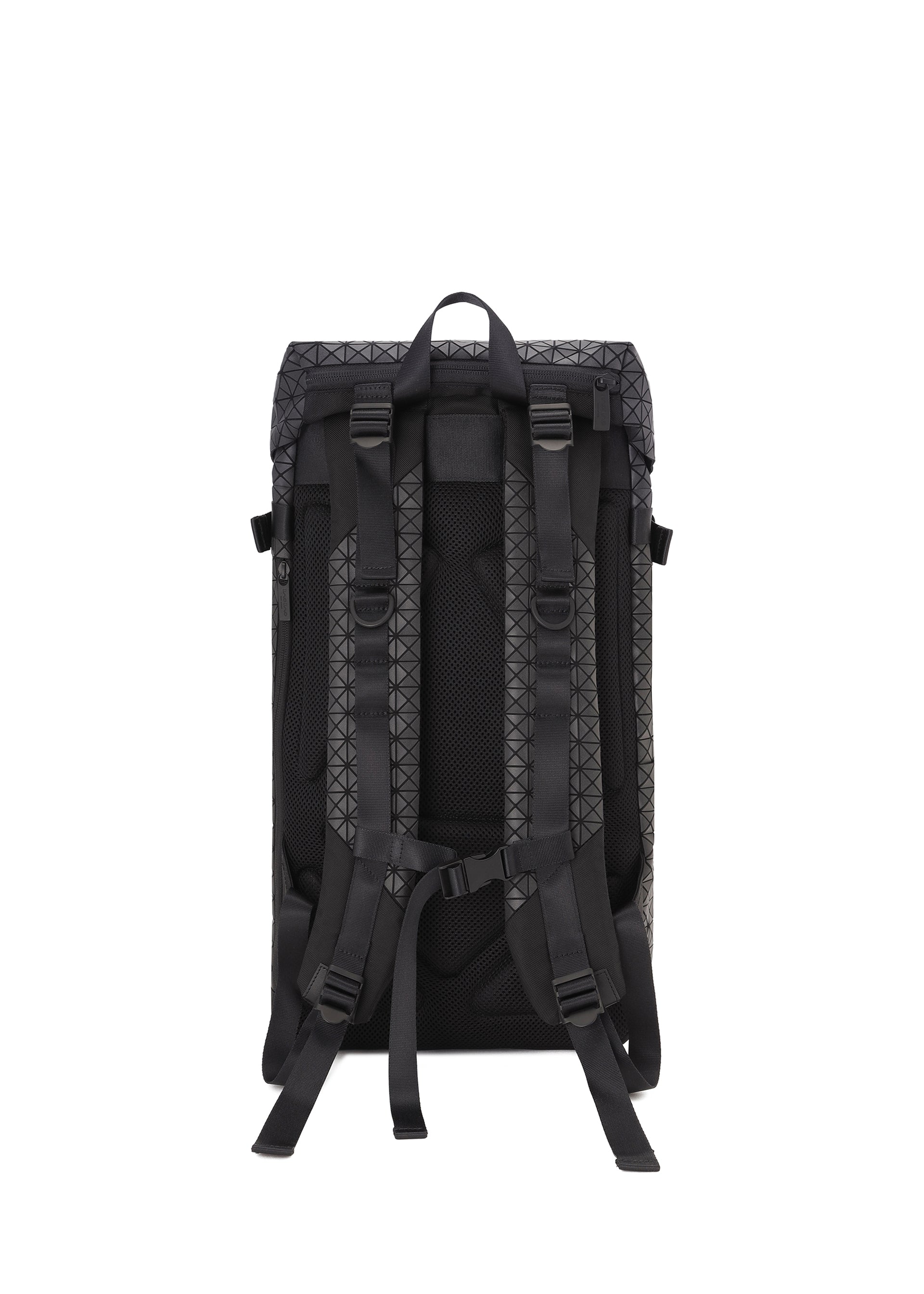 Zoomed view A black HIKER backpack by BAO BAO ISSEY MIYAKE shown from the back, with adjustable padded shoulder straps, a top handle, chest strap, laptop pocket, and a patterned design on the back panel and straps.