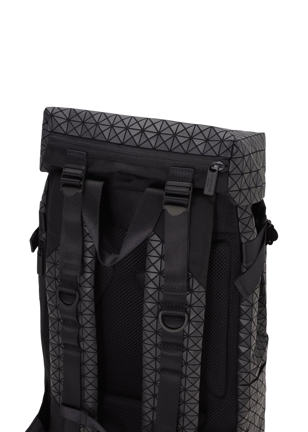 A close-up of the back of a BAO BAO ISSEY MIYAKE HIKER backpack highlights padded shoulder straps, adjustable buckles, and a top zipper with a black geometric pattern and laptop pocket, set against a white background. view 4 of 8