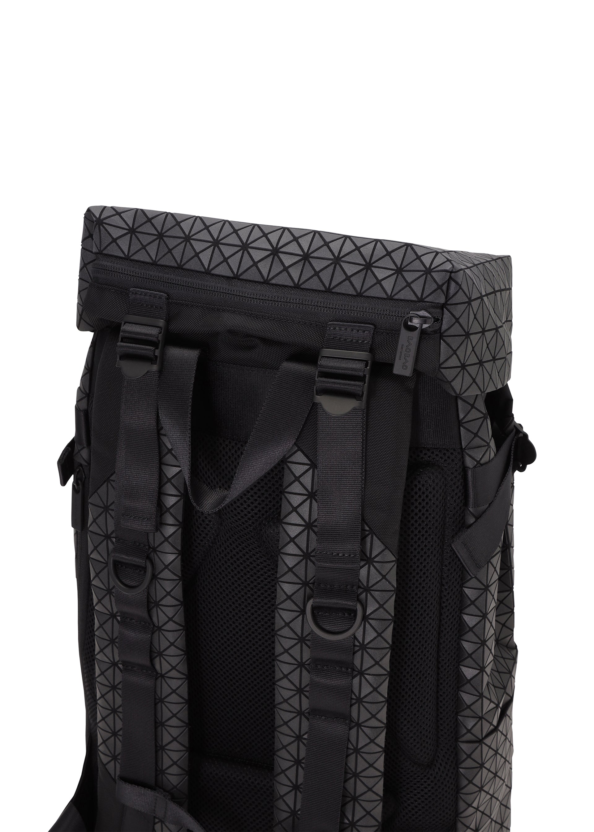 Zoomed view A close-up of the back of a BAO BAO ISSEY MIYAKE HIKER backpack highlights padded shoulder straps, adjustable buckles, and a top zipper with a black geometric pattern and laptop pocket, set against a white background.
