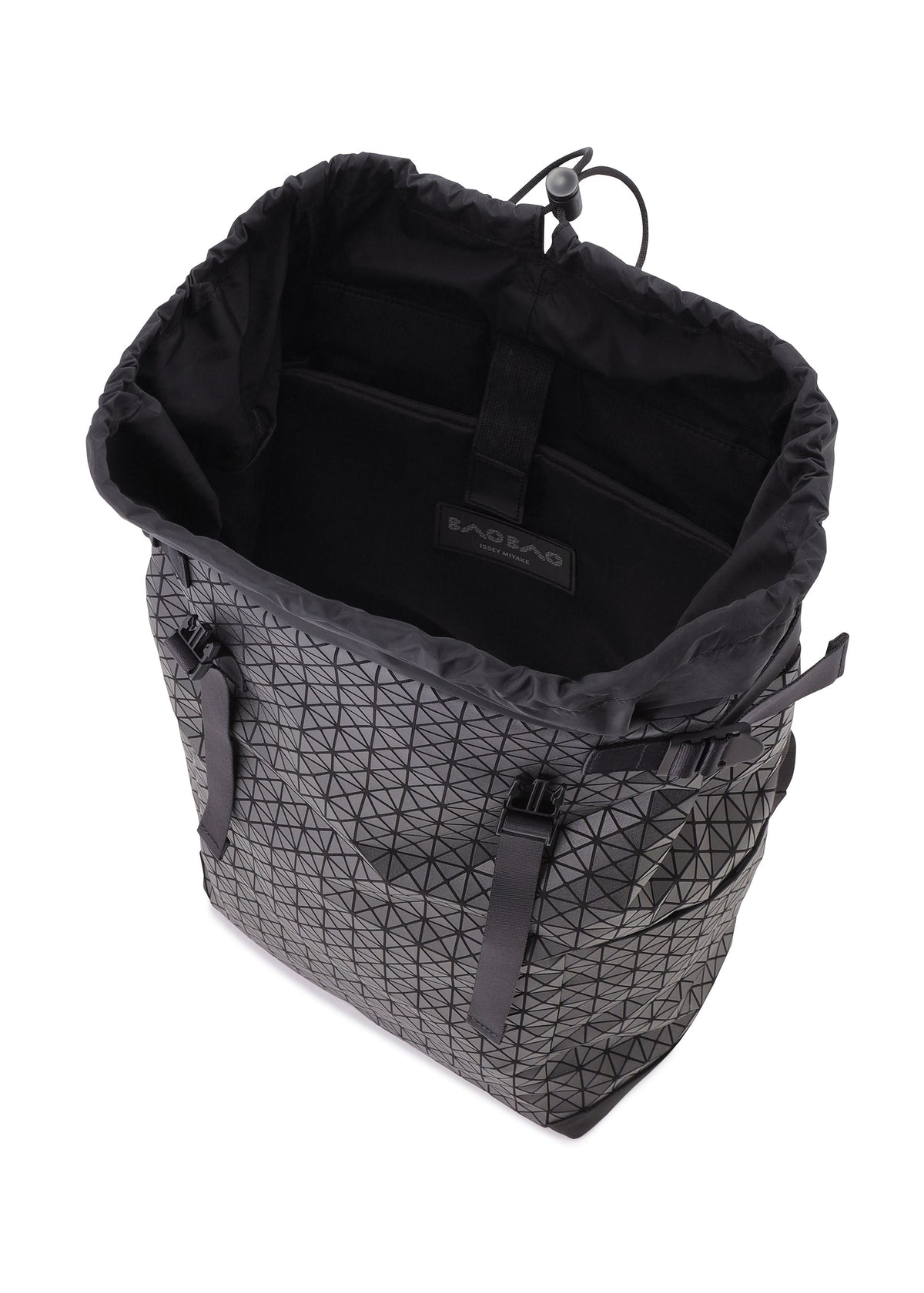 The HIKER tote by BAO BAO ISSEY MIYAKE features a black geometric pattern, drawstring opening, interior lining with Baobao label, adjustable side straps, open compartment, and a laptop pocket. view 6 of 8