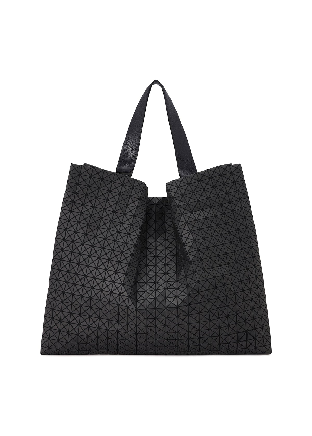 The CART tote bag by BAO BAO ISSEY MIYAKE showcases a bold black geometric triangular grid pattern, structured silhouette, and adjustable handles—ideal for carrying an A4 laptop and suiting modern lifestyles. view 1 of 6