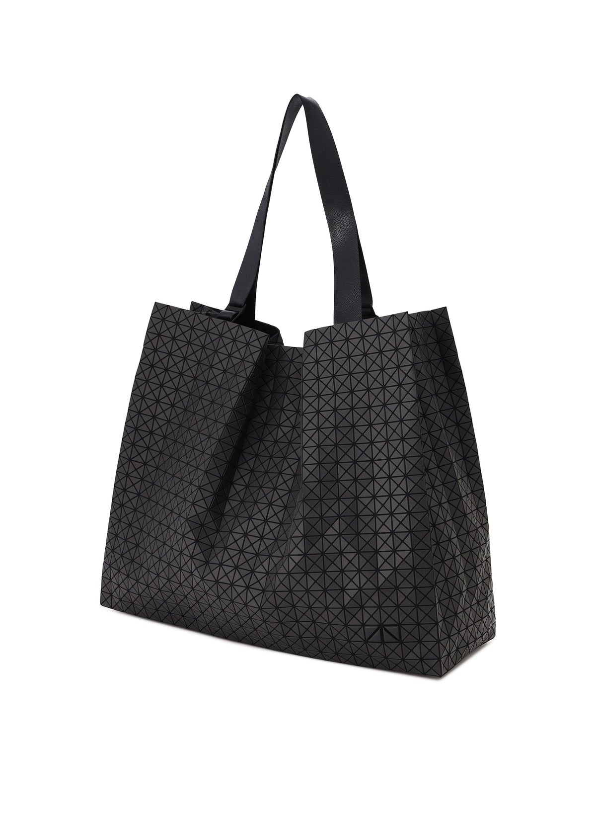 The BAO BAO ISSEY MIYAKE CART tote bag showcases an all-over geometric triangular pattern with two adjustable handles and is displayed against a white background. view 2 of 6