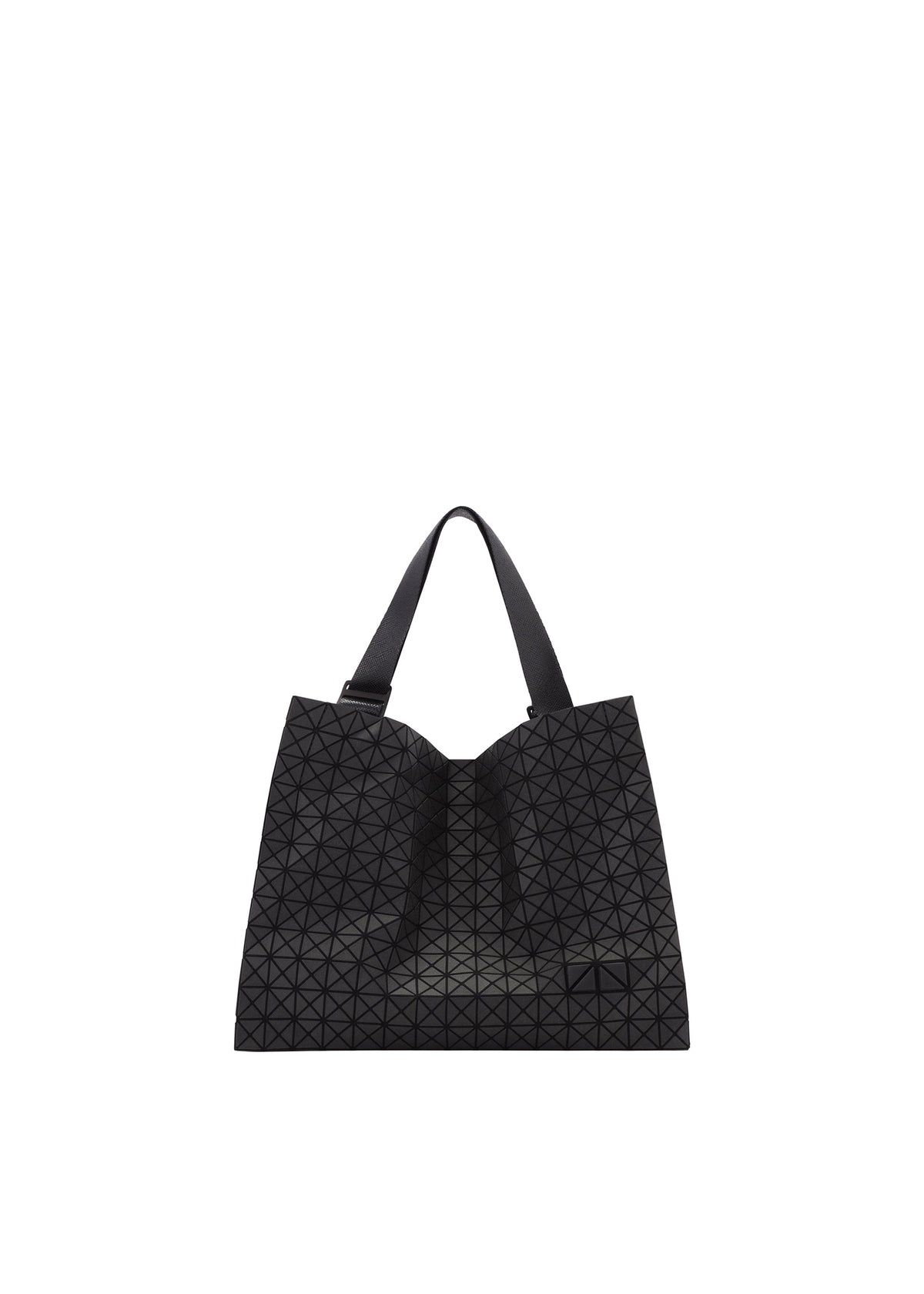 The CART MINI by BAO BAO ISSEY MIYAKE is a black geometric mini tote with triangular patterns, two handles, and a modern, stylish design, showcased against a white background. view 1 of 10