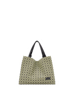 The CART MINI by BAO BAO ISSEY MIYAKE, a beige lightweight tote with a geometric triangular grid pattern and black handles, is shown against a plain white background. - OLIVE （no.68）